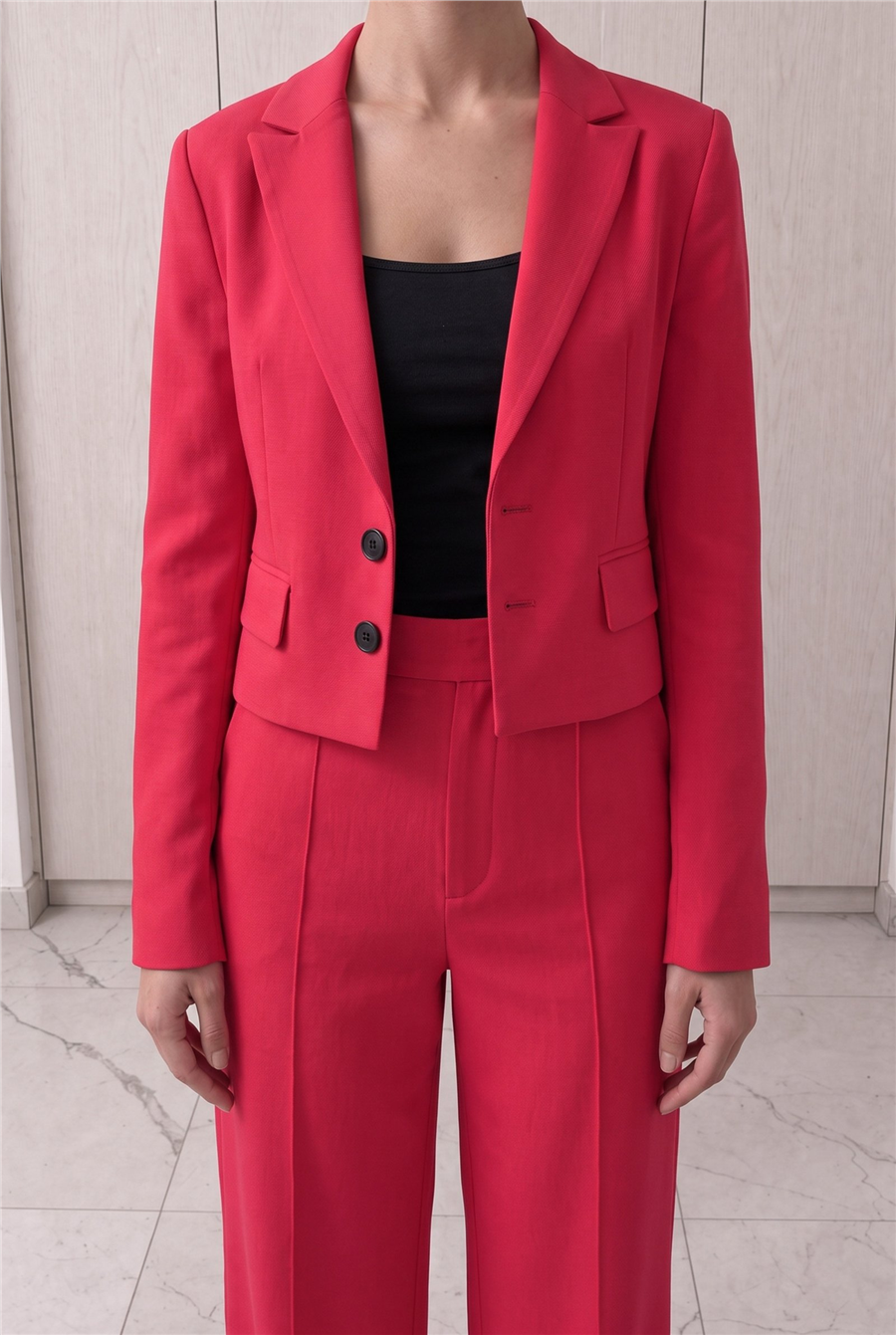 Pembe Rengi Kruvaze Kesim Ceket Pantolon Takım