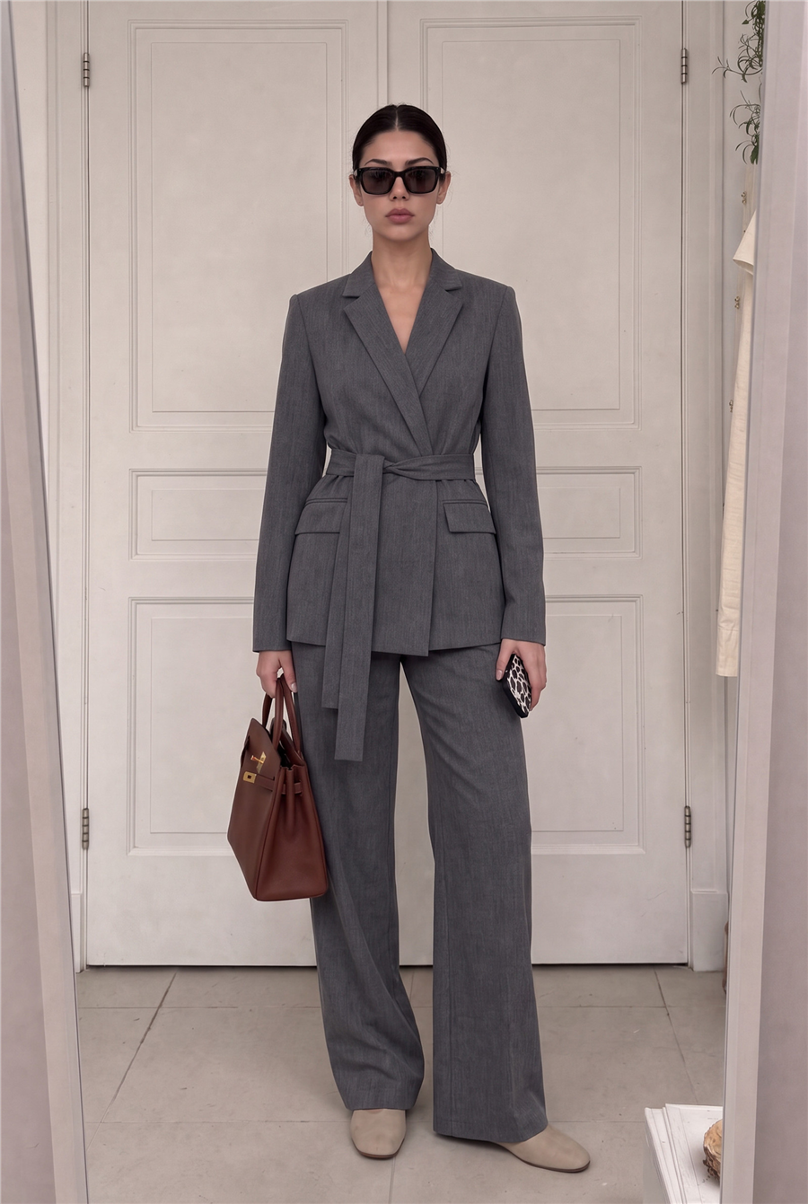 Rae Kuşak Detaylı Blazer Takım Gri