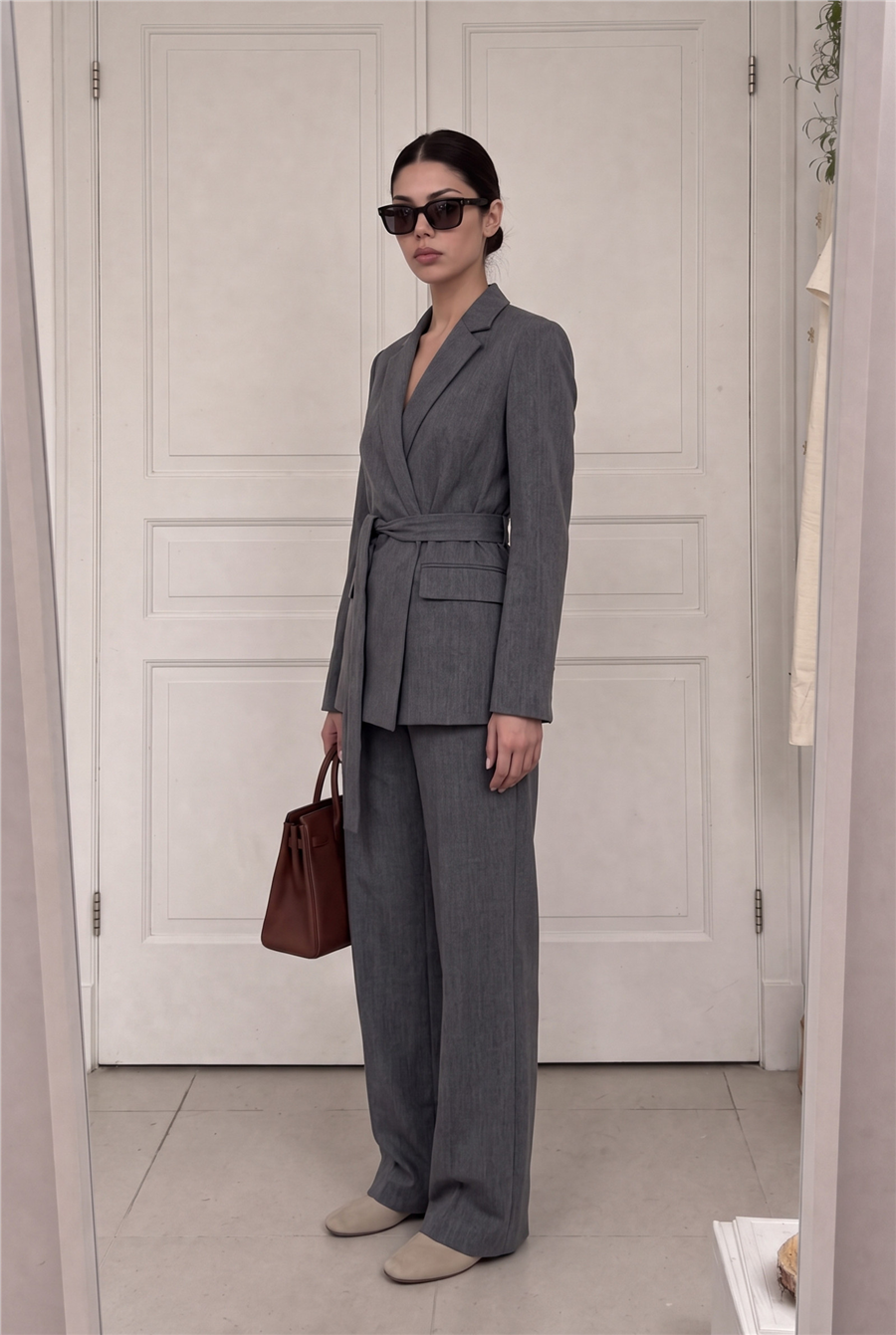Rae Kuşak Detaylı Blazer Takım Gri