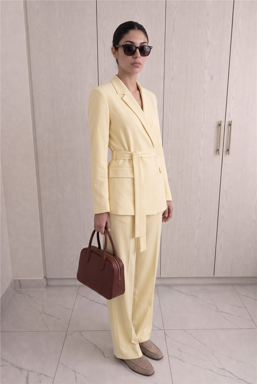 Rae Kuşak Detaylı Blazer Takım Sarı