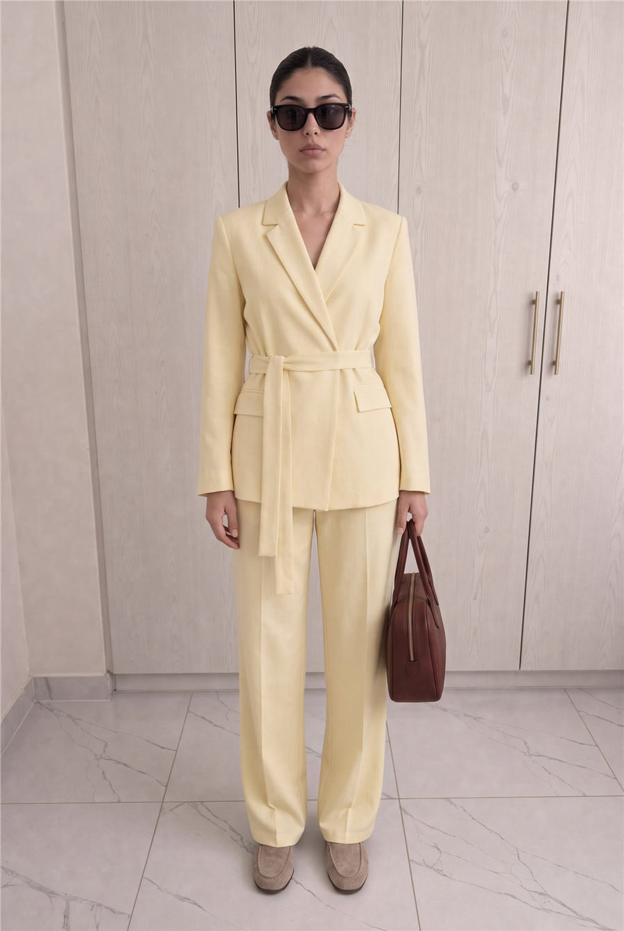 Rae Kuşak Detaylı Blazer Takım Sarı