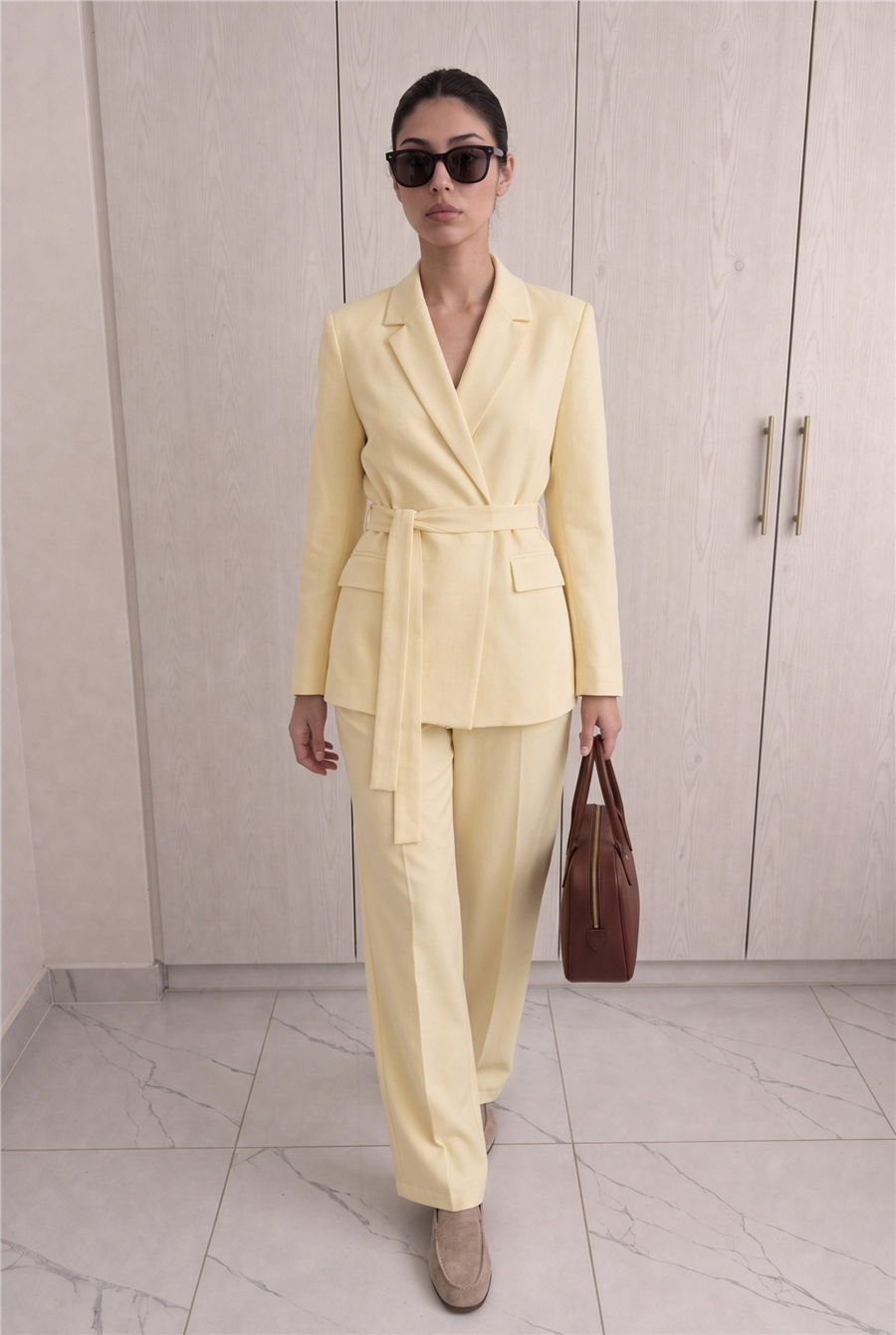 Rae Kuşak Detaylı Blazer Takım Sarı