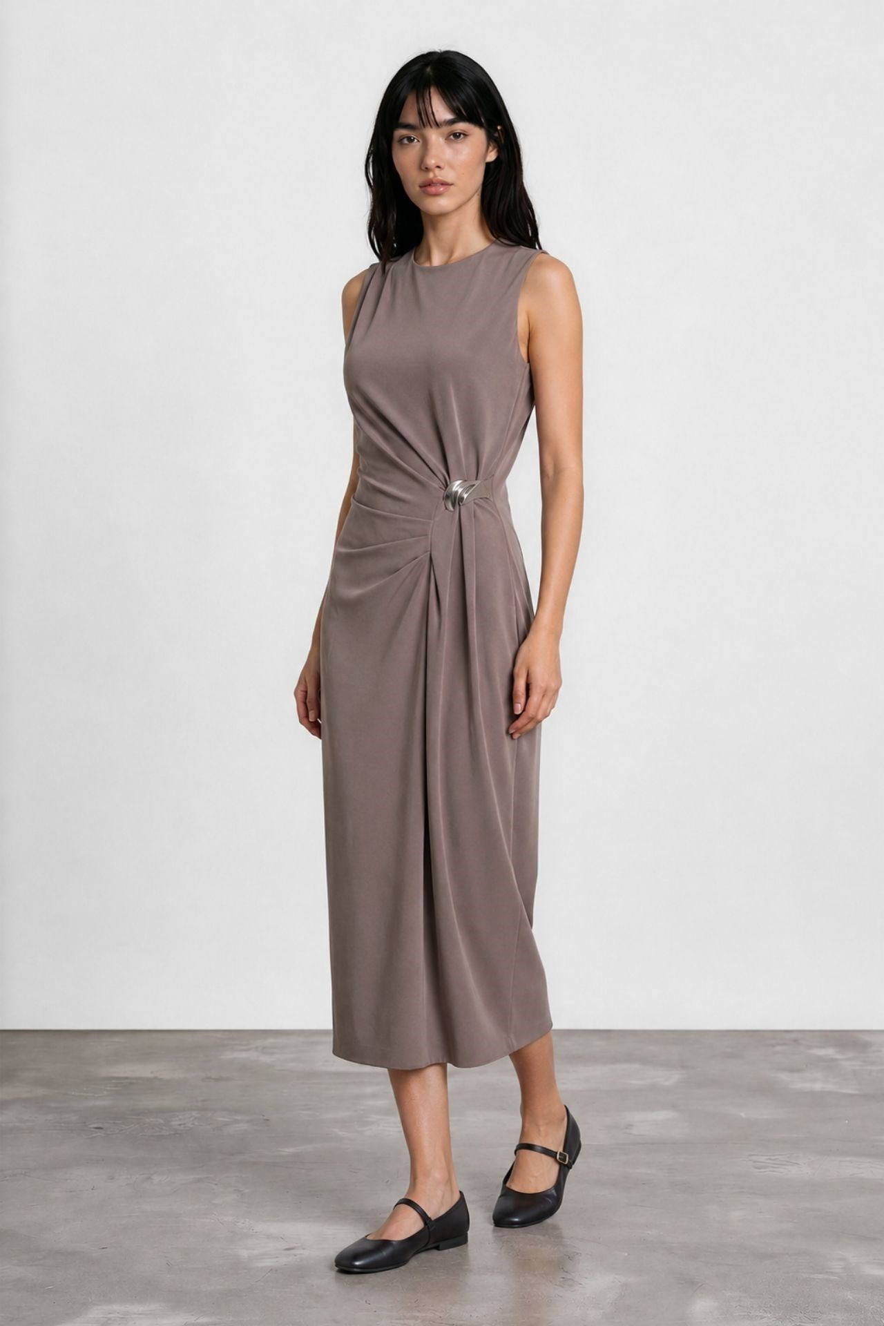 Roselia Drape Detaylı Midi Elbise Gri