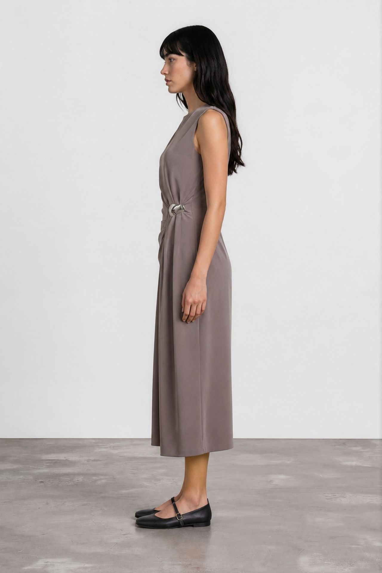 Roselia Drape Detaylı Midi Elbise Gri