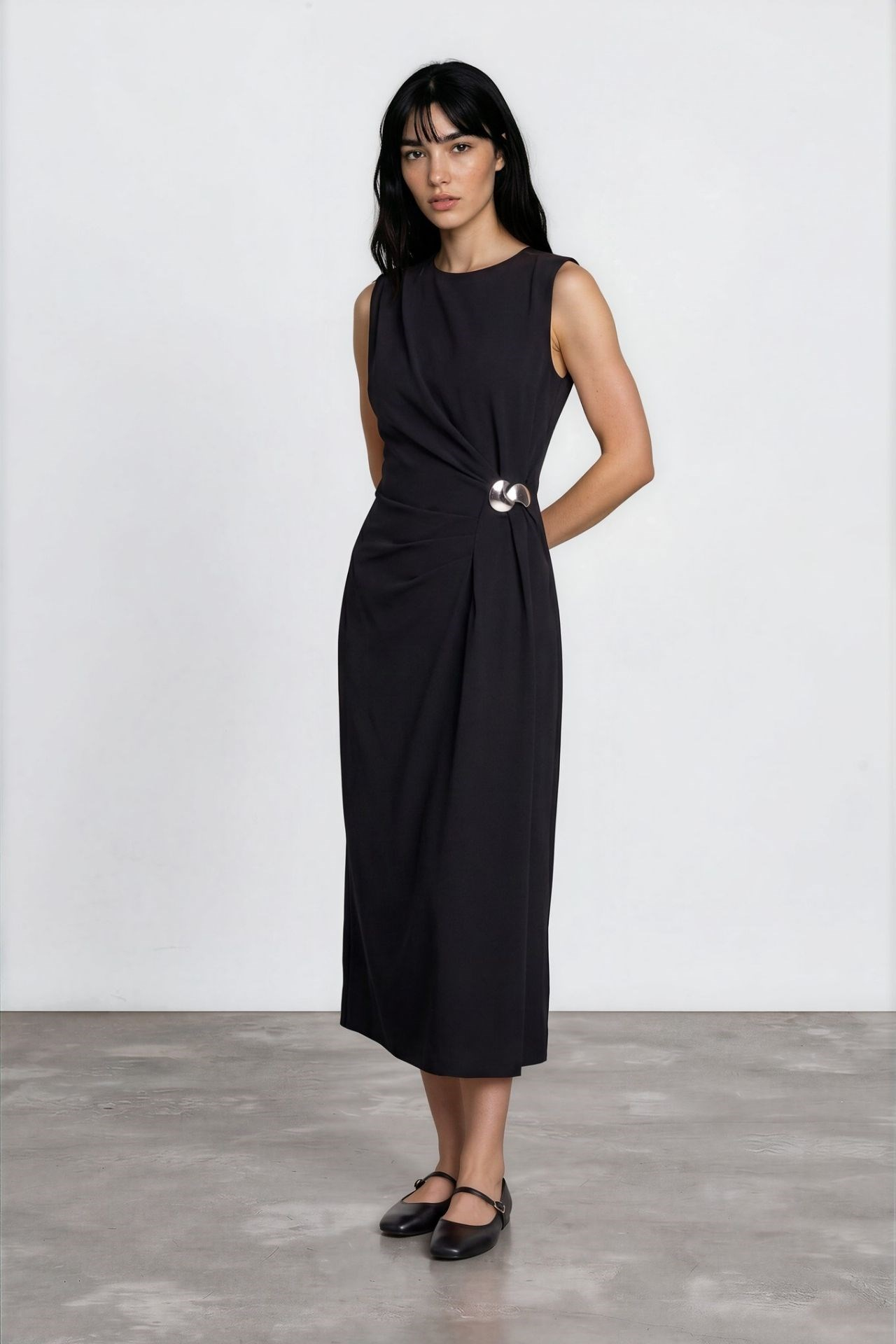 Roselia Drape Detaylı Midi Elbise Siyah