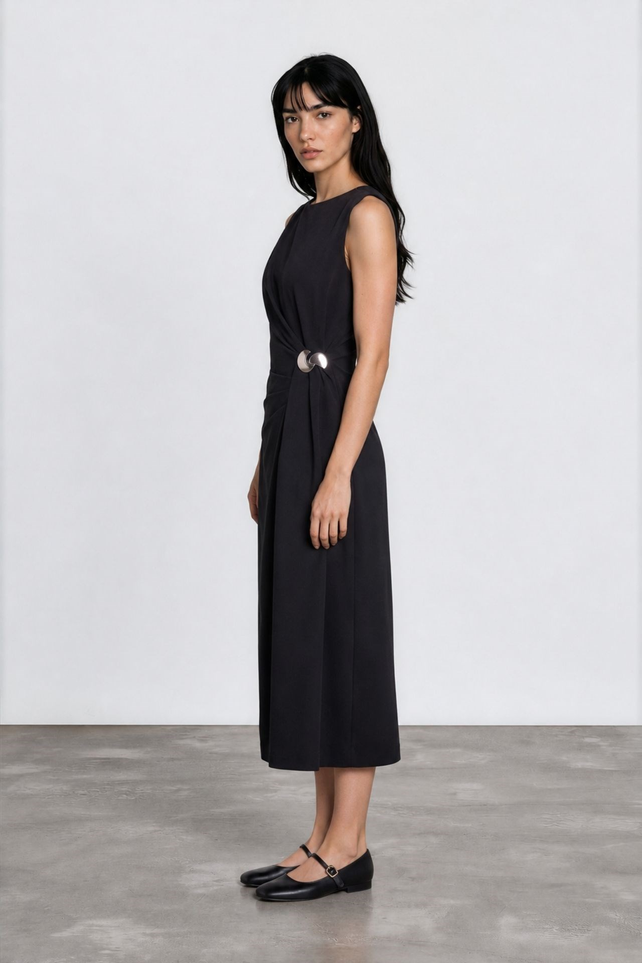 Roselia Drape Detaylı Midi Elbise Siyah