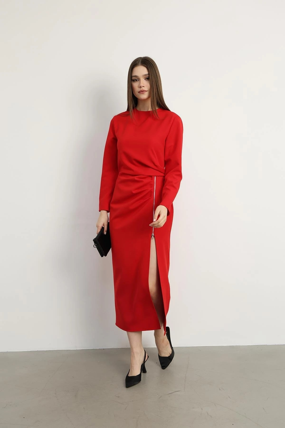 Scarlet Fermuar Detaylı Kırmızı Elbise