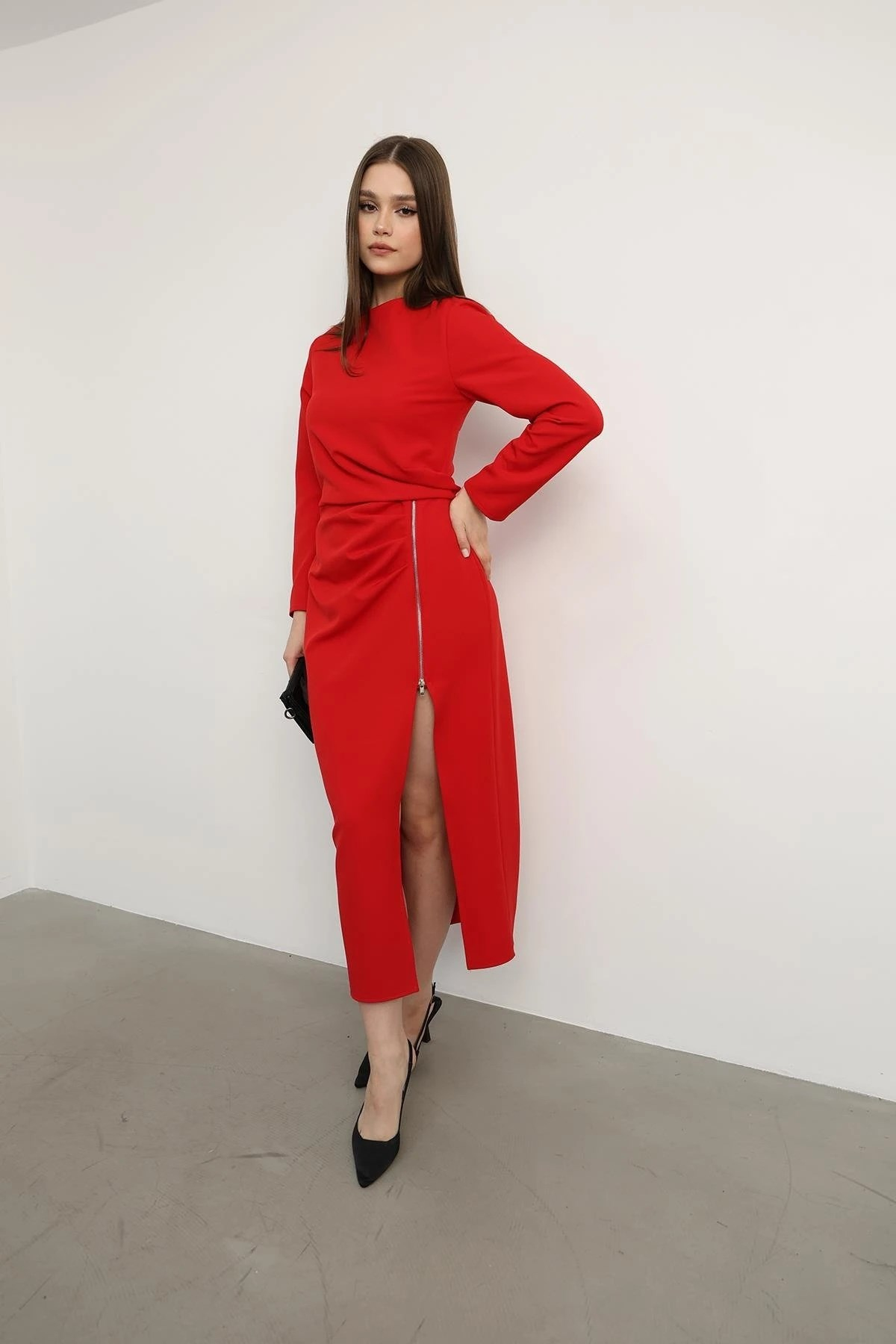 Scarlet Fermuar Detaylı Kırmızı Elbise