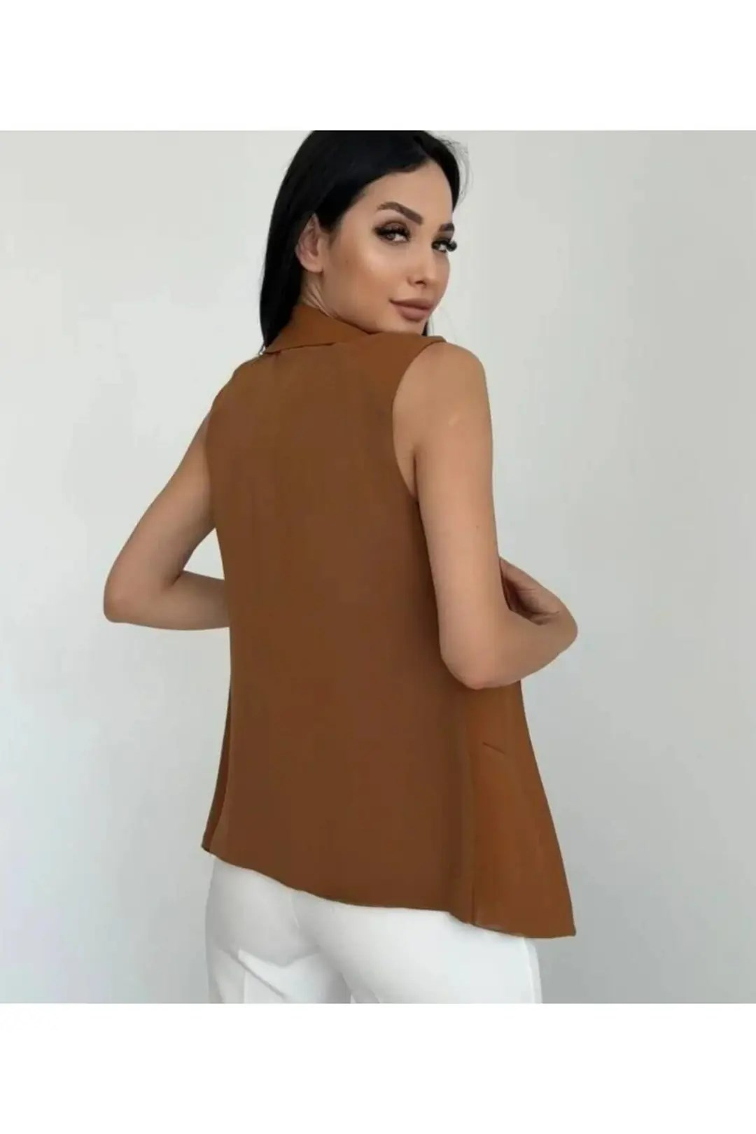 Şifon Detaylı Yelek Taba