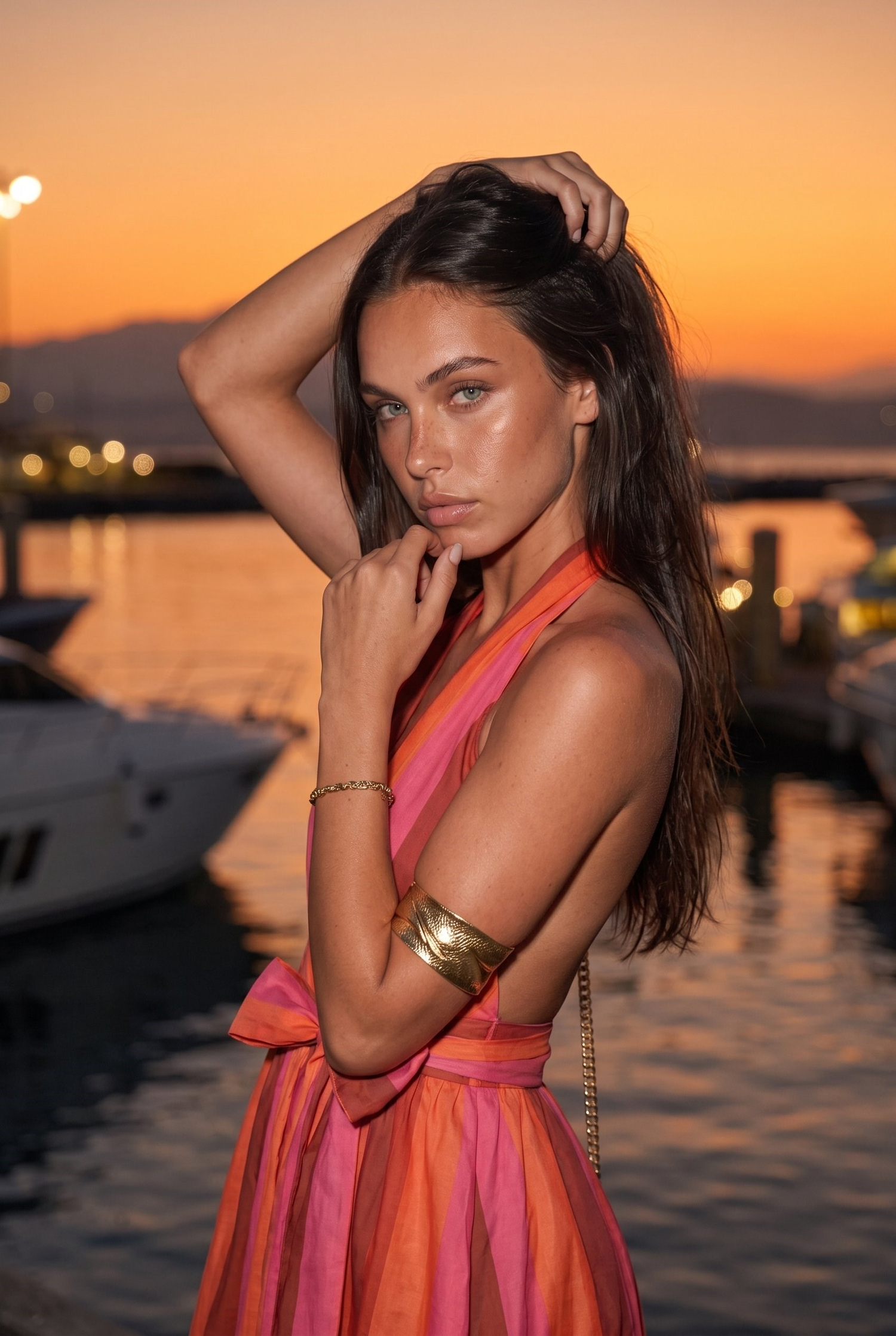 Sunset Çizgili Bağlamalı Mini Şifon Elbise Pembe