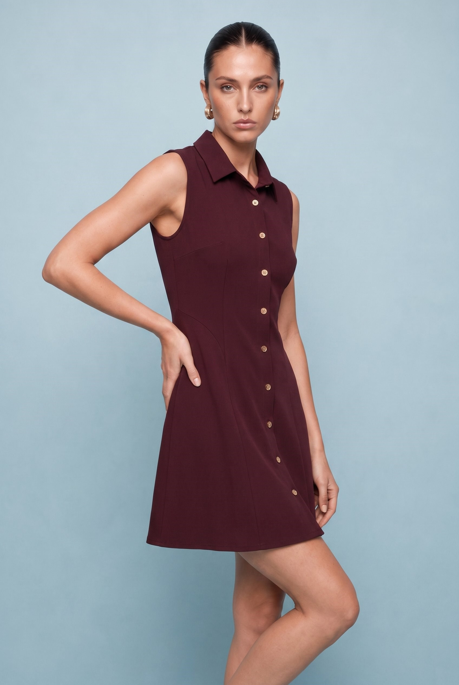 Valerie Gold Button Mini Elbise Bordo