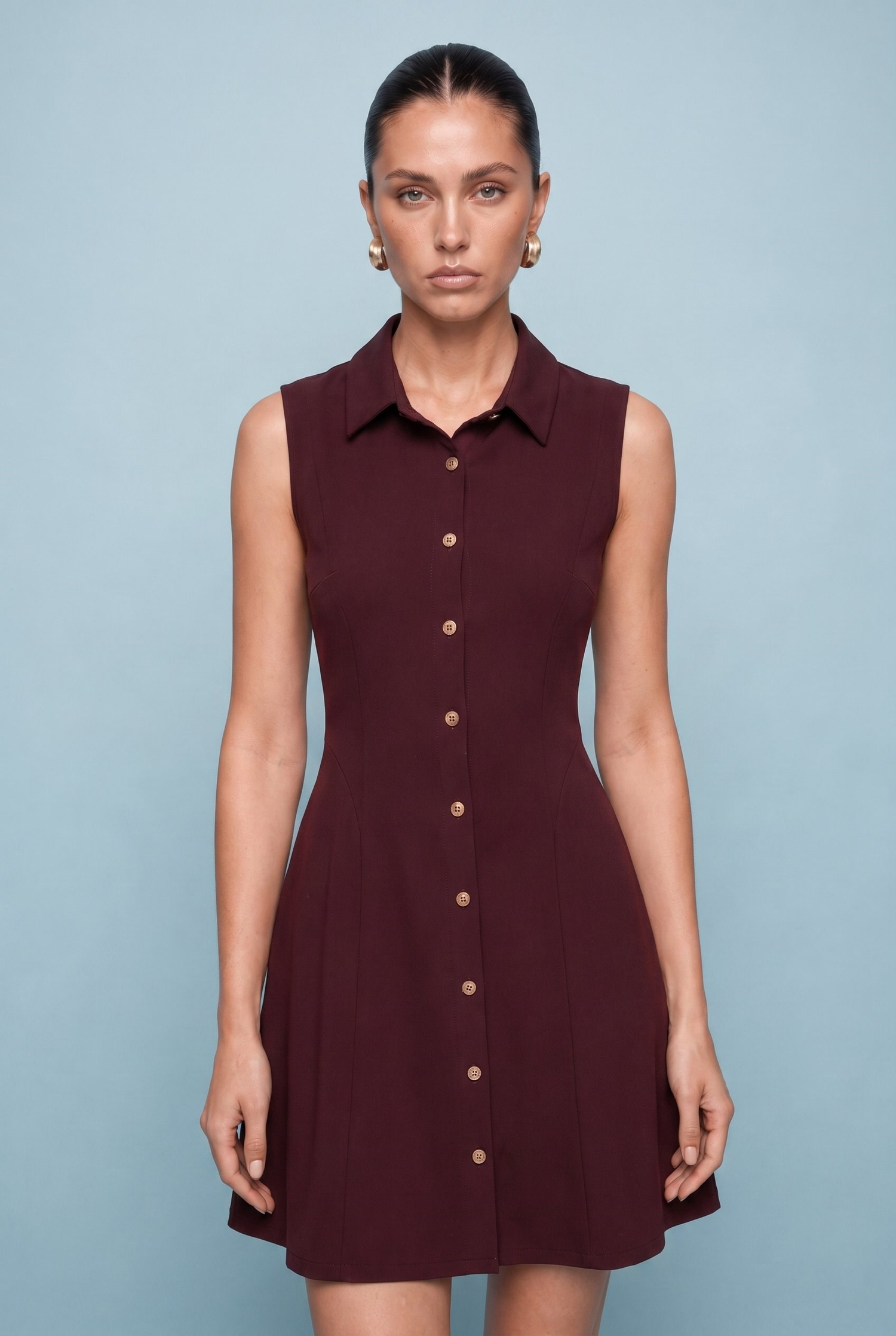 Valerie Gold Button Mini Elbise Bordo