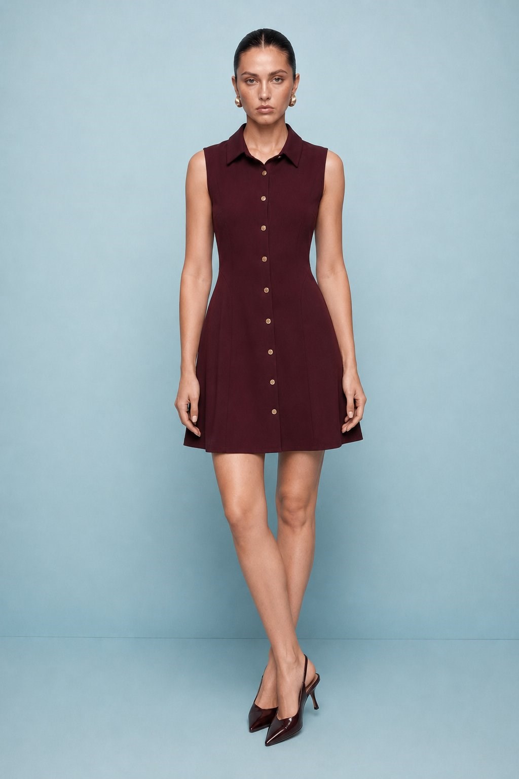 Valerie Gold Button Mini Elbise Bordo