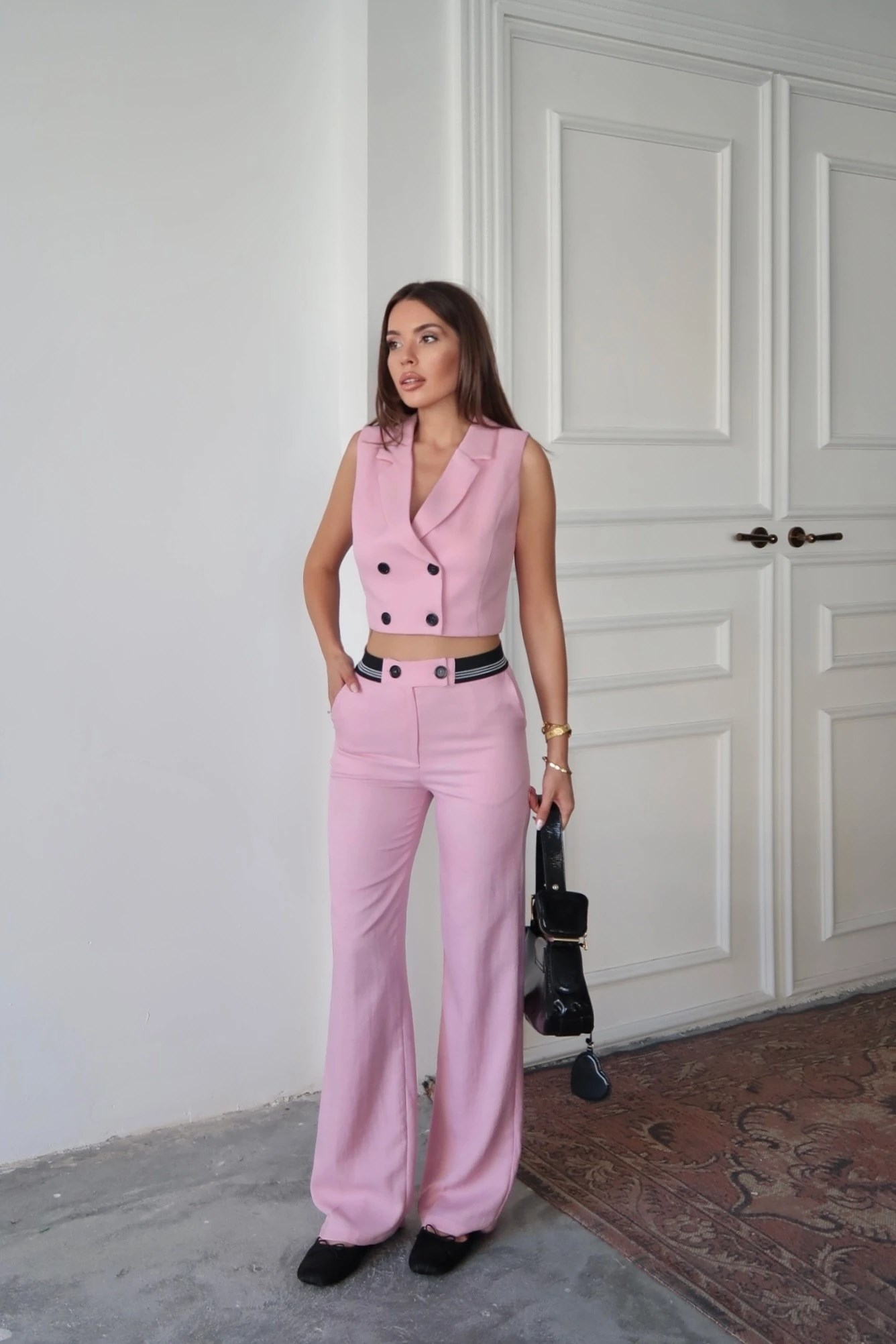 Vesta Yelek-Pantolon Takım Keten Pembe