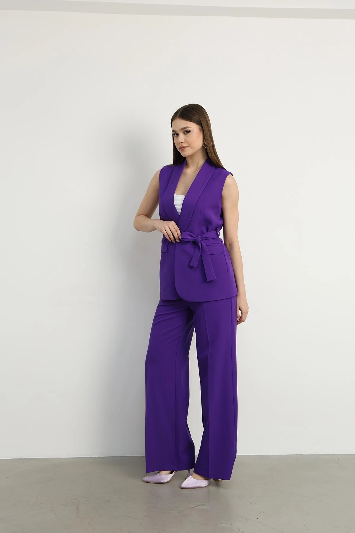 Violet Kuşaklı Yelek Mor