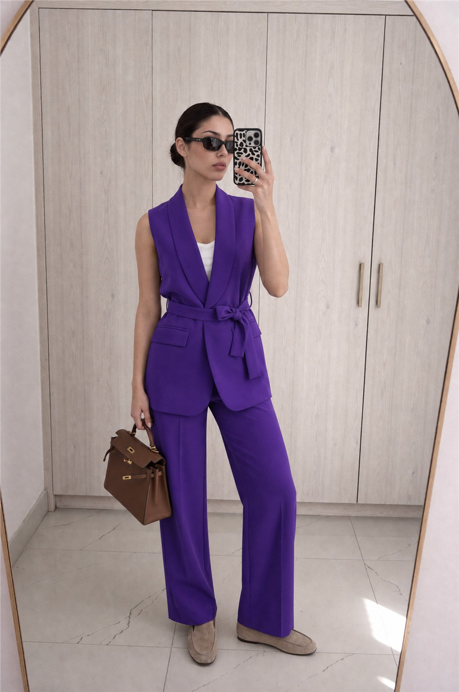 Violet Kuşaklı Yelek Ve Palazzo Pantolon Takım Mor