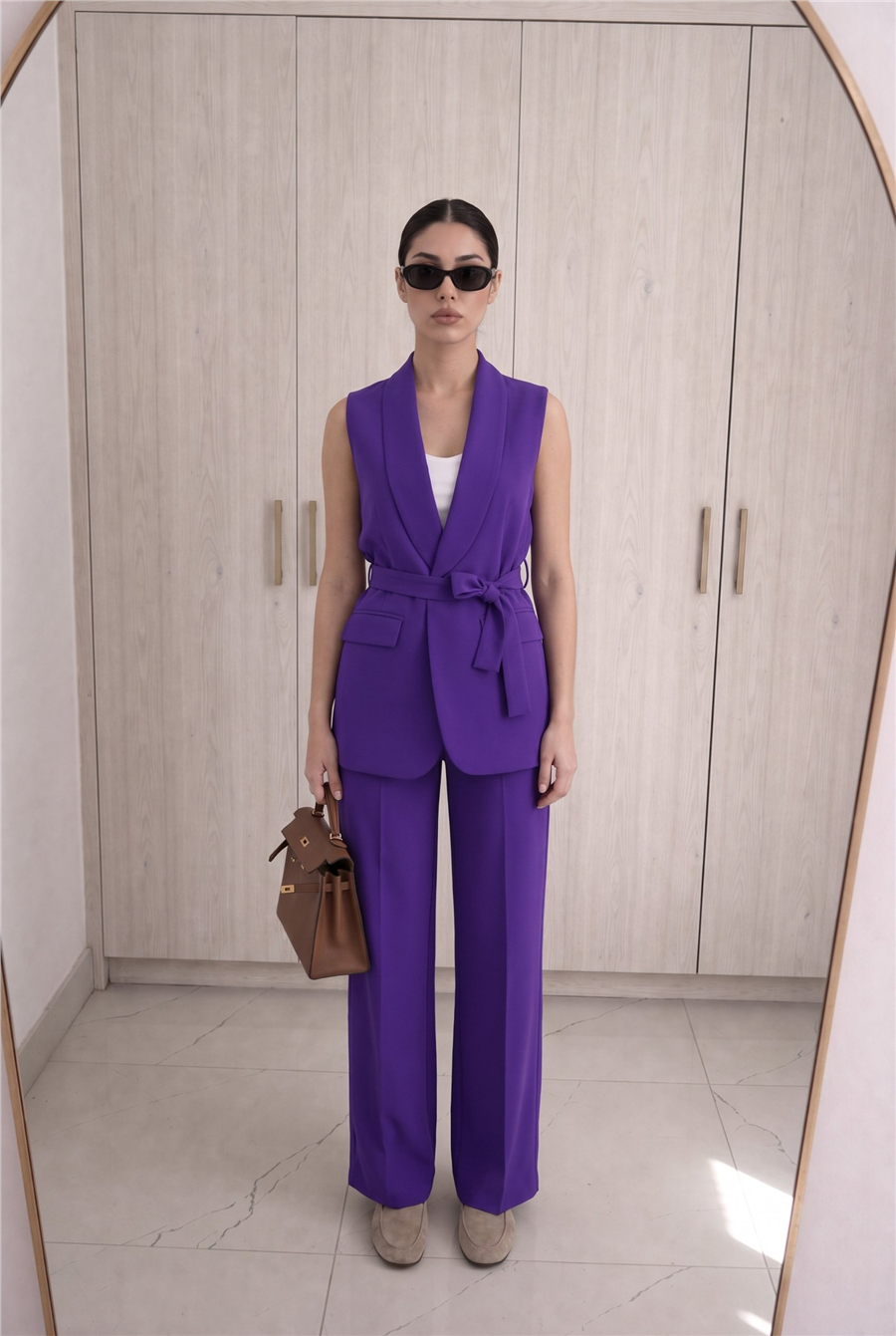 Violet Kuşaklı Yelek Ve Palazzo Pantolon Takım Mor