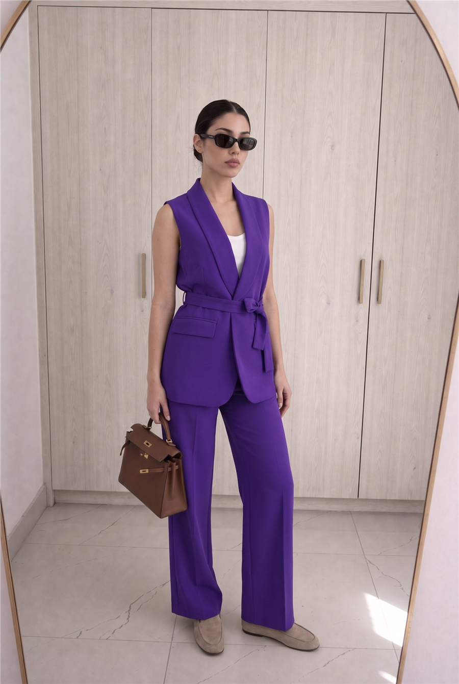 Violet Kuşaklı Yelek Ve Palazzo Pantolon Takım Mor