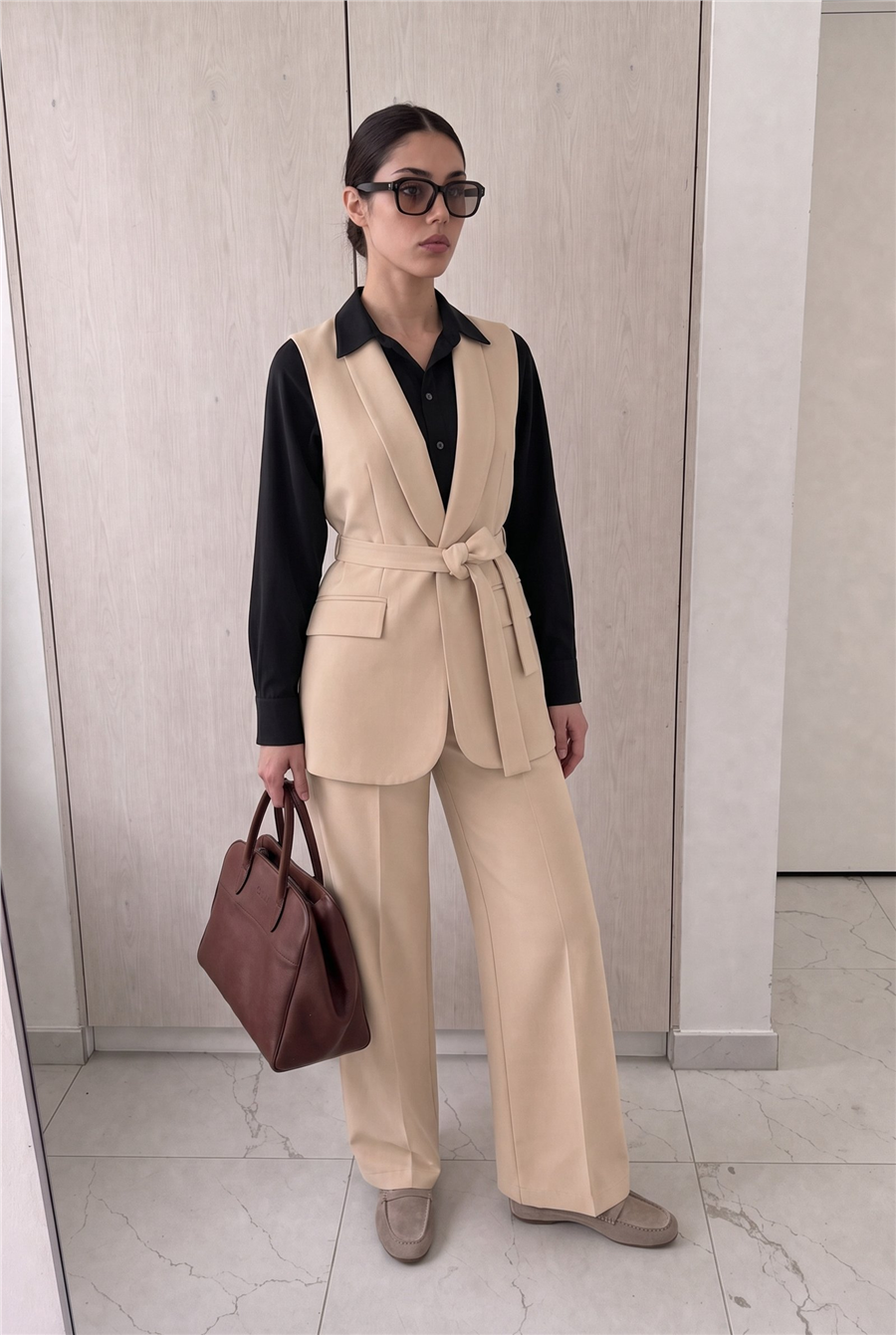 Violet Kuşaklı Yelek Ve Palazzo Pantolon Takım Bej