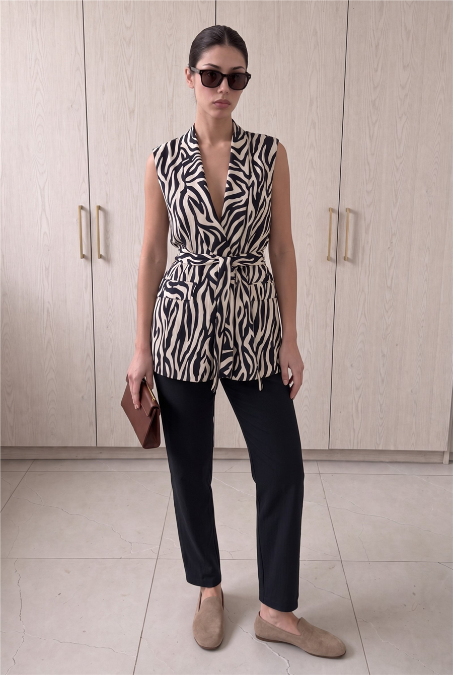Violet Kuşaklı Yelek Ve Yüksek Bel Pantolon Takım Zebra