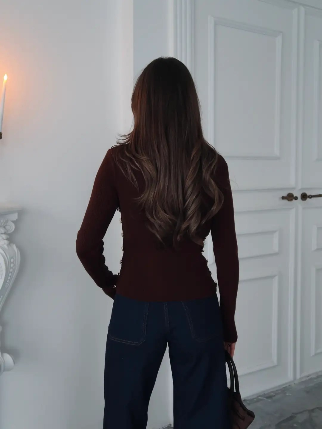 Yanı Düğme Detaylı Kadın Triko Kazak Kahverengi