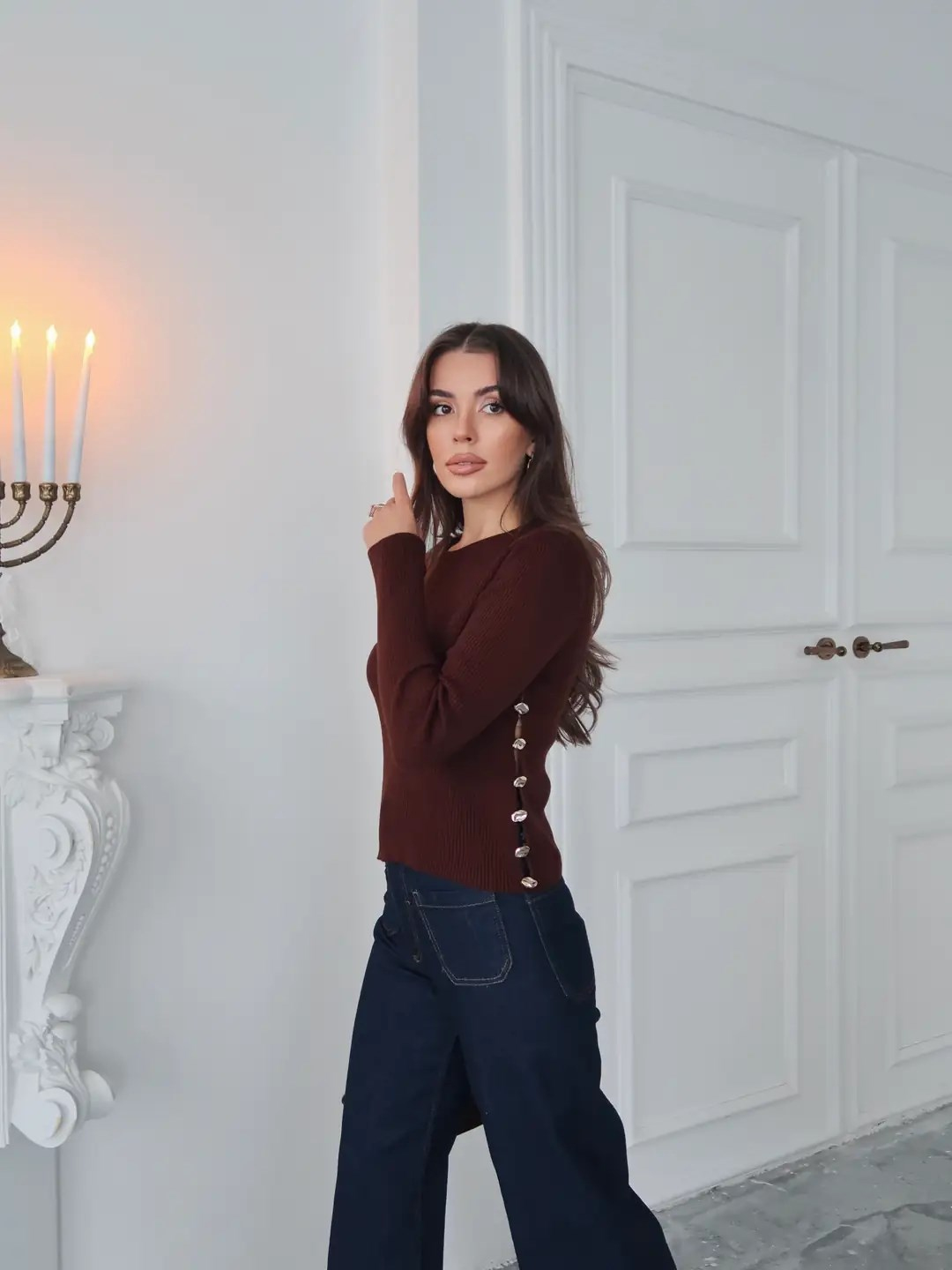 Yanı Düğme Detaylı Kadın Triko Kazak Kahverengi