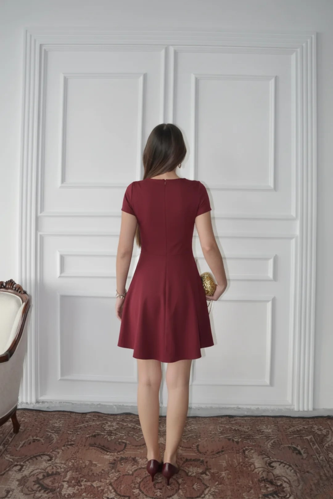 Yarım Kol Volanlı Elbise Bordo