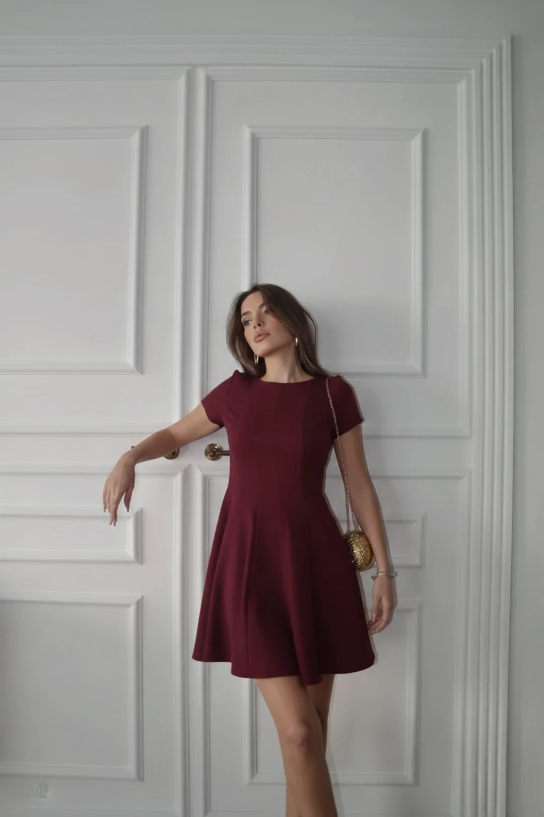 Yarım Kol Volanlı Elbise Bordo
