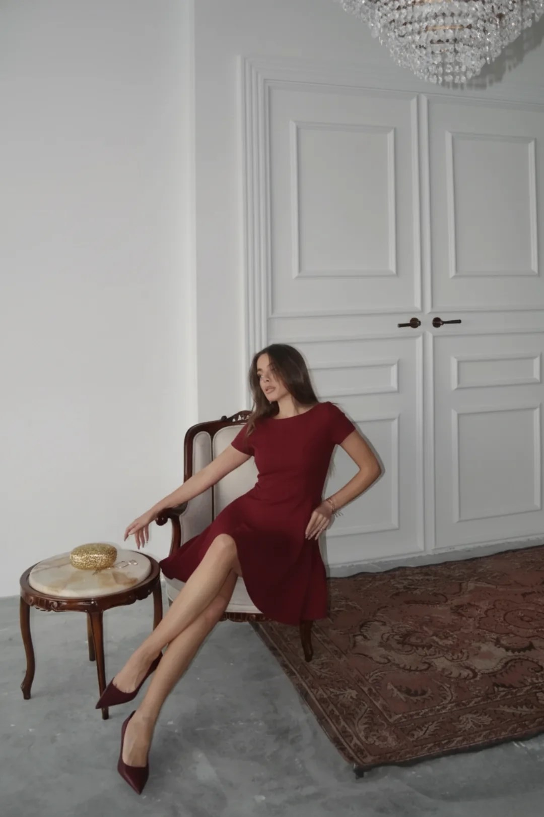Yarım Kol Volanlı Elbise Bordo