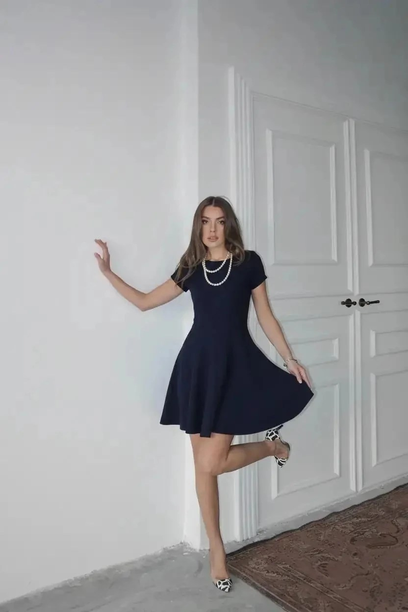 Yarım Kol Volanlı Elbise Lacivert