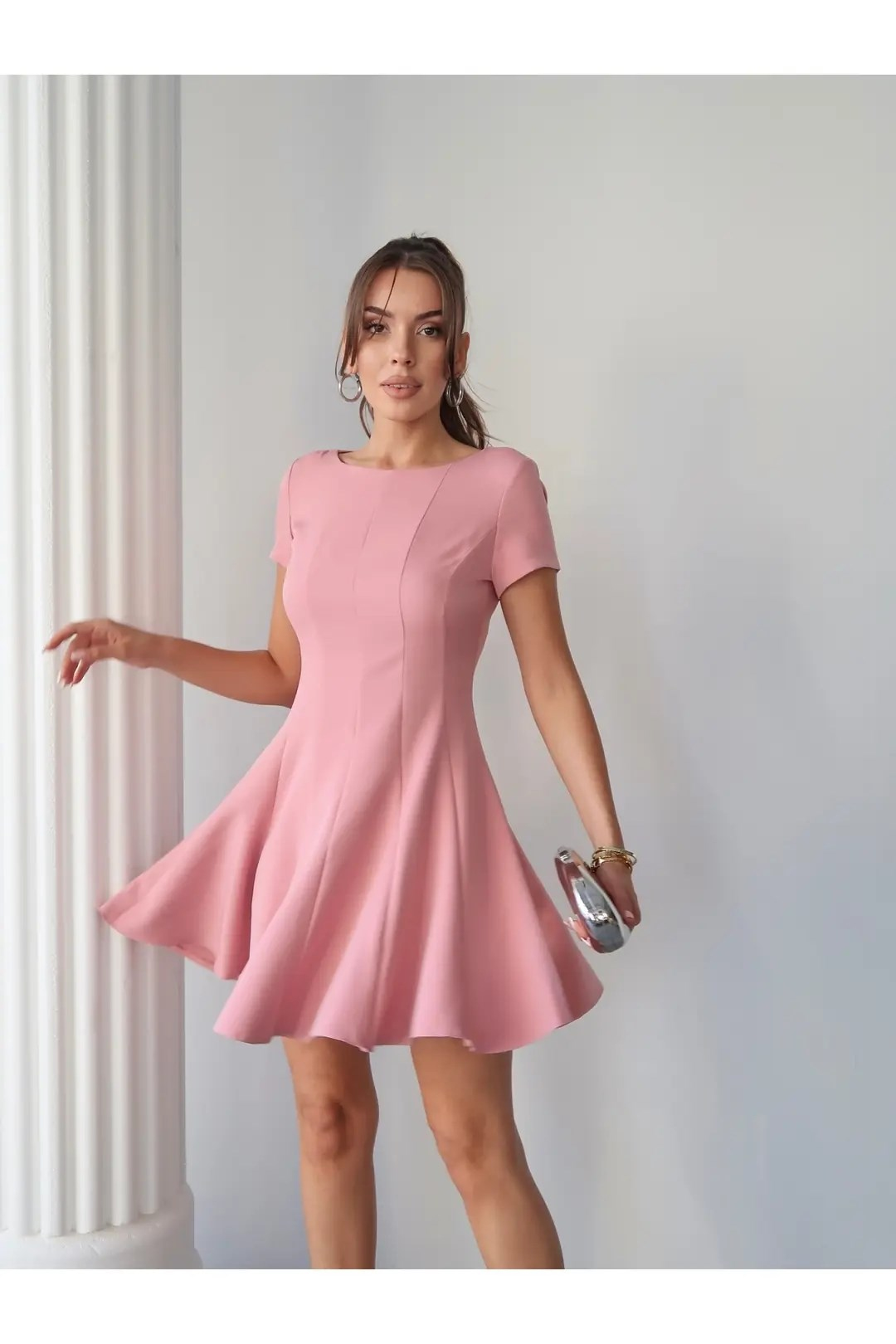 Yarım Kol Volanlı Elbise Pembe