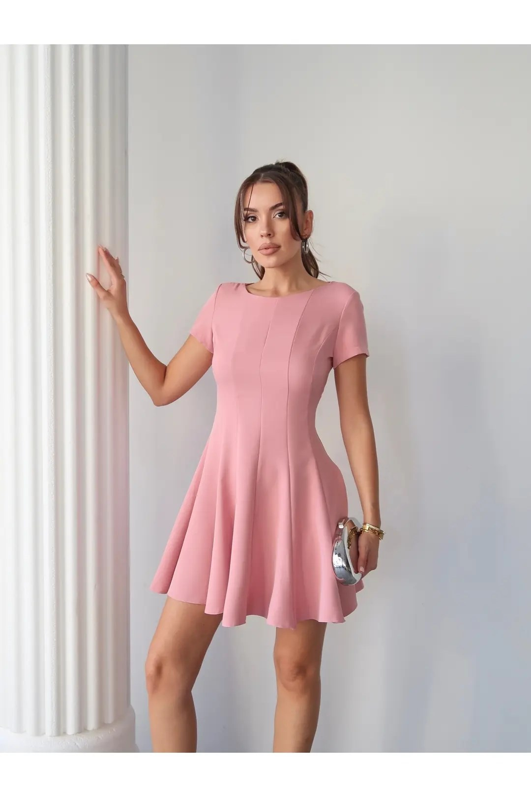 Yarım Kol Volanlı Elbise Pembe
