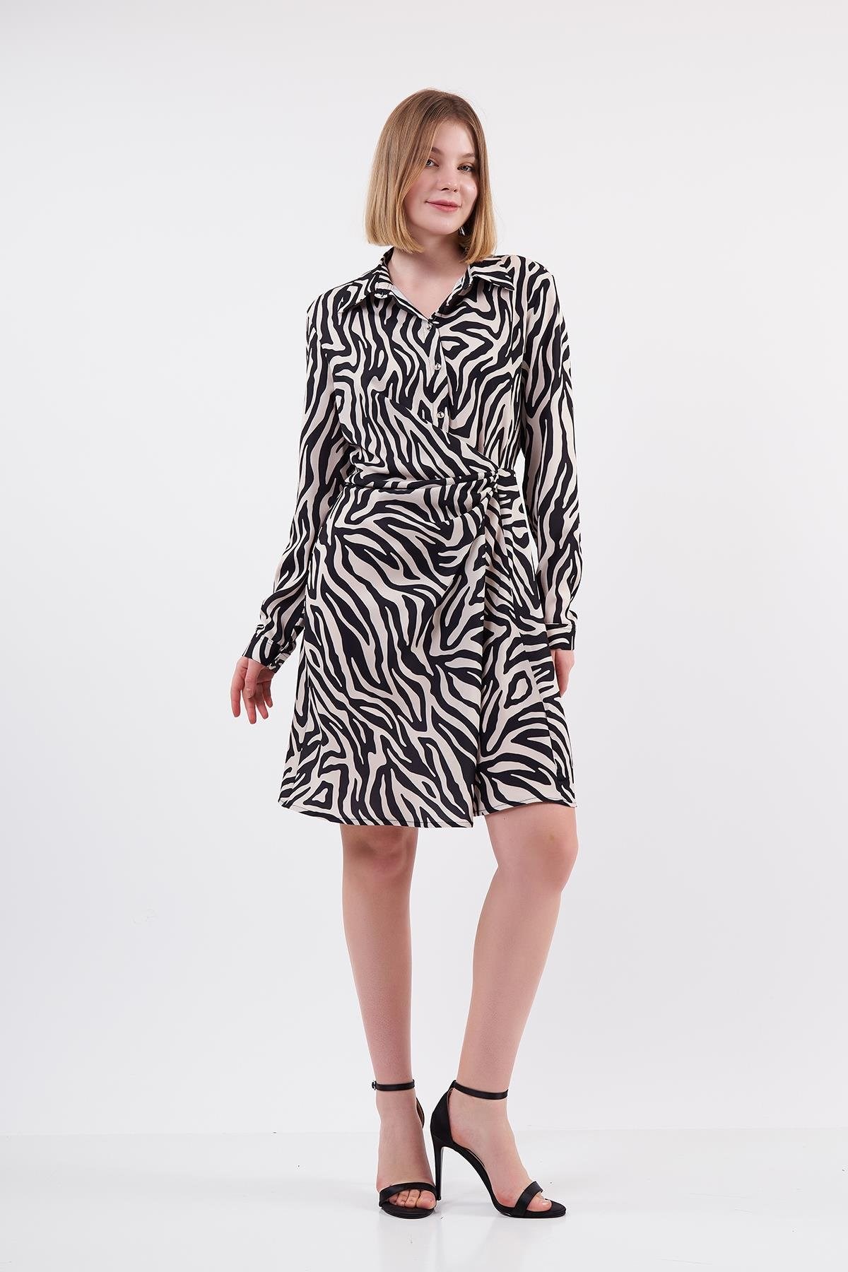 Zebra Desenli Mini Gömlek Elbise
