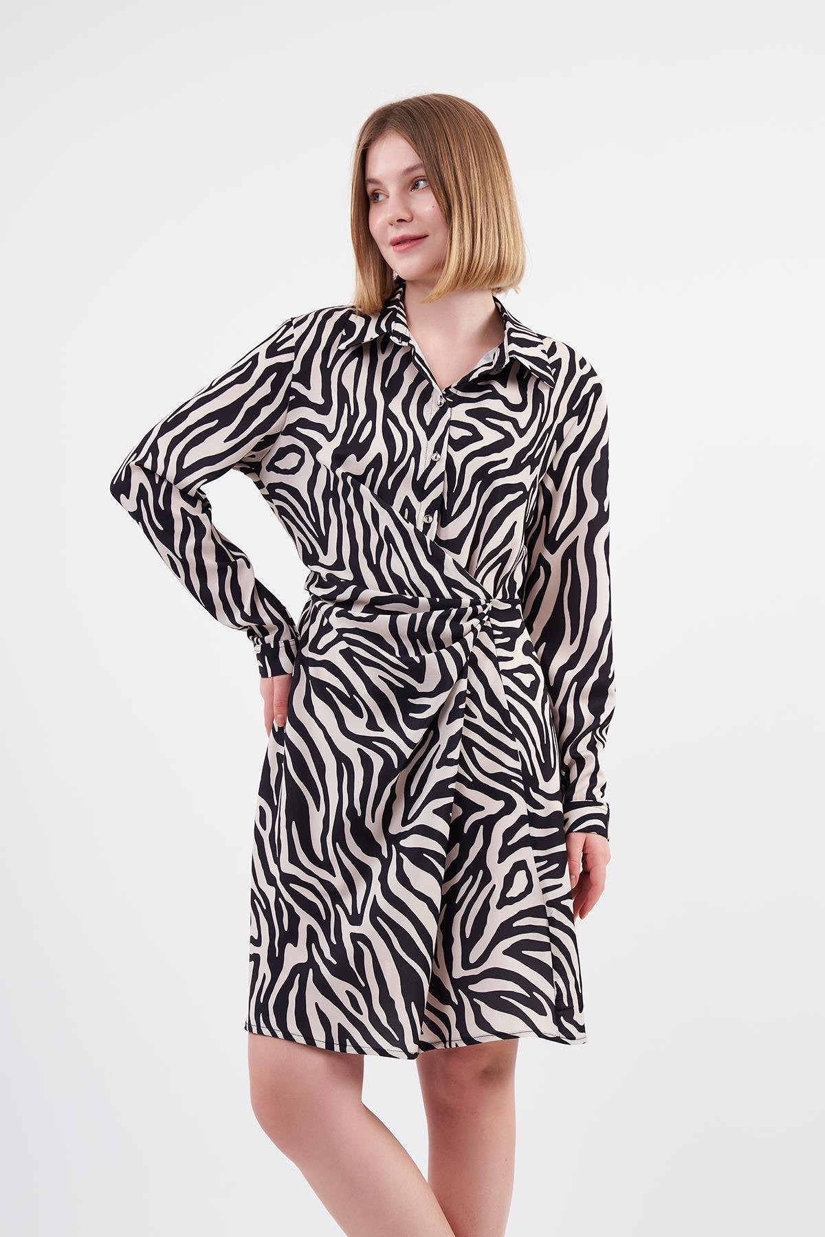 Zebra Desenli Mini Gömlek Elbise