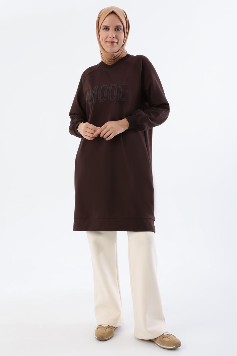 Acı Kahve-Mode Nakışlı Reglan Kol Tunik