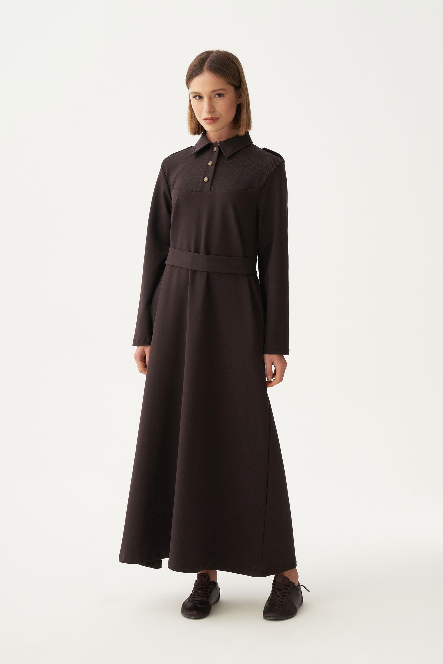 Acı Kahve-Pamuklu Gömlek Yaka Apoletli Elbise