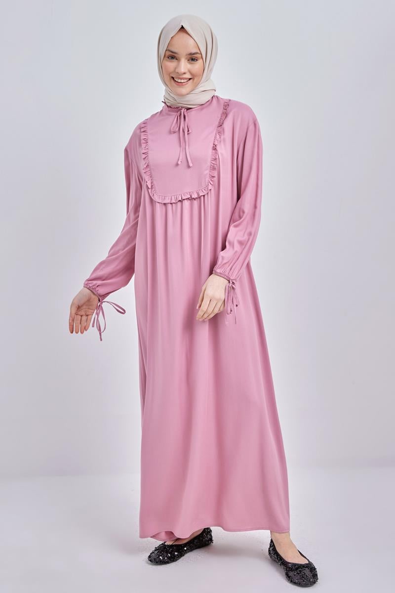 Light Rose-Collar and Frilly Robe Zipper Closure Viscose Dress
