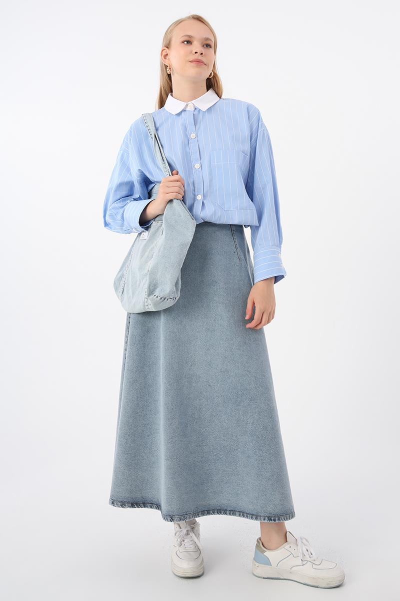 Açık Mavi-%100 Pamuk Fermuarlı Kloş Denim Etek