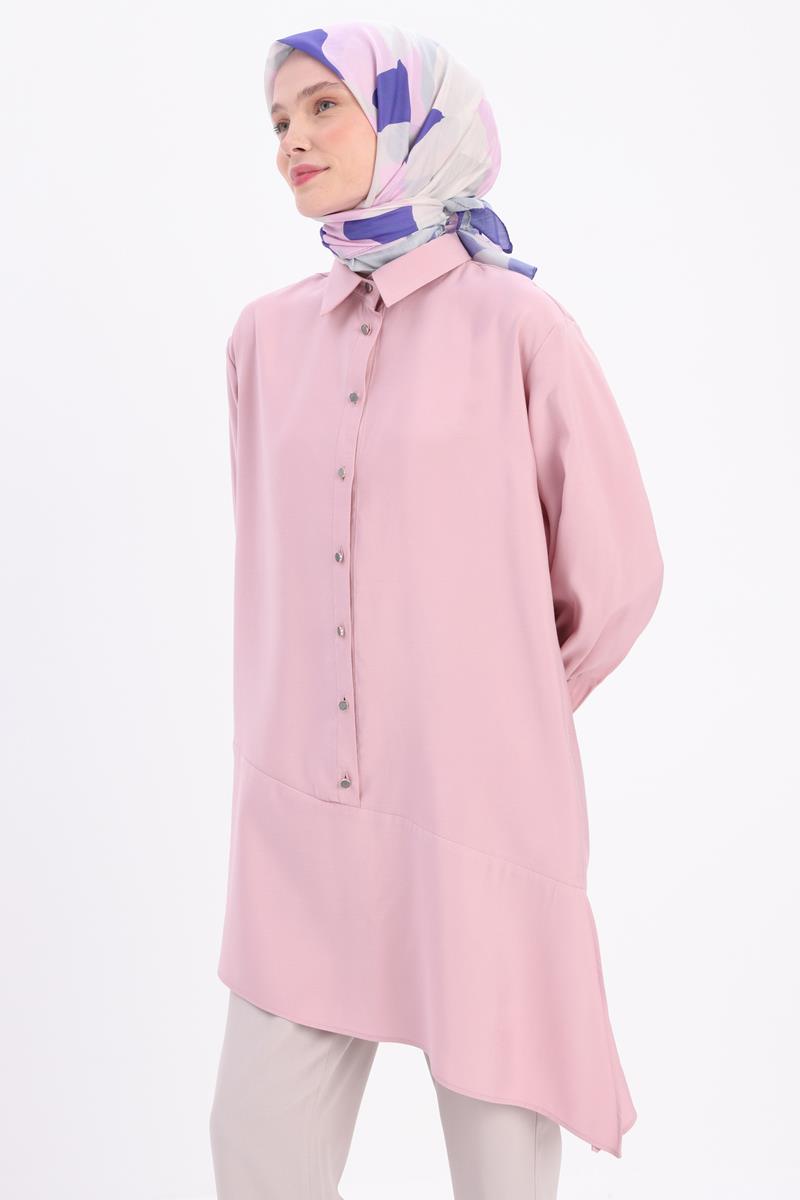 Açık Pembe-Eteği Asimetrik Yırtmaçlı Gömlek Yaka Tunik