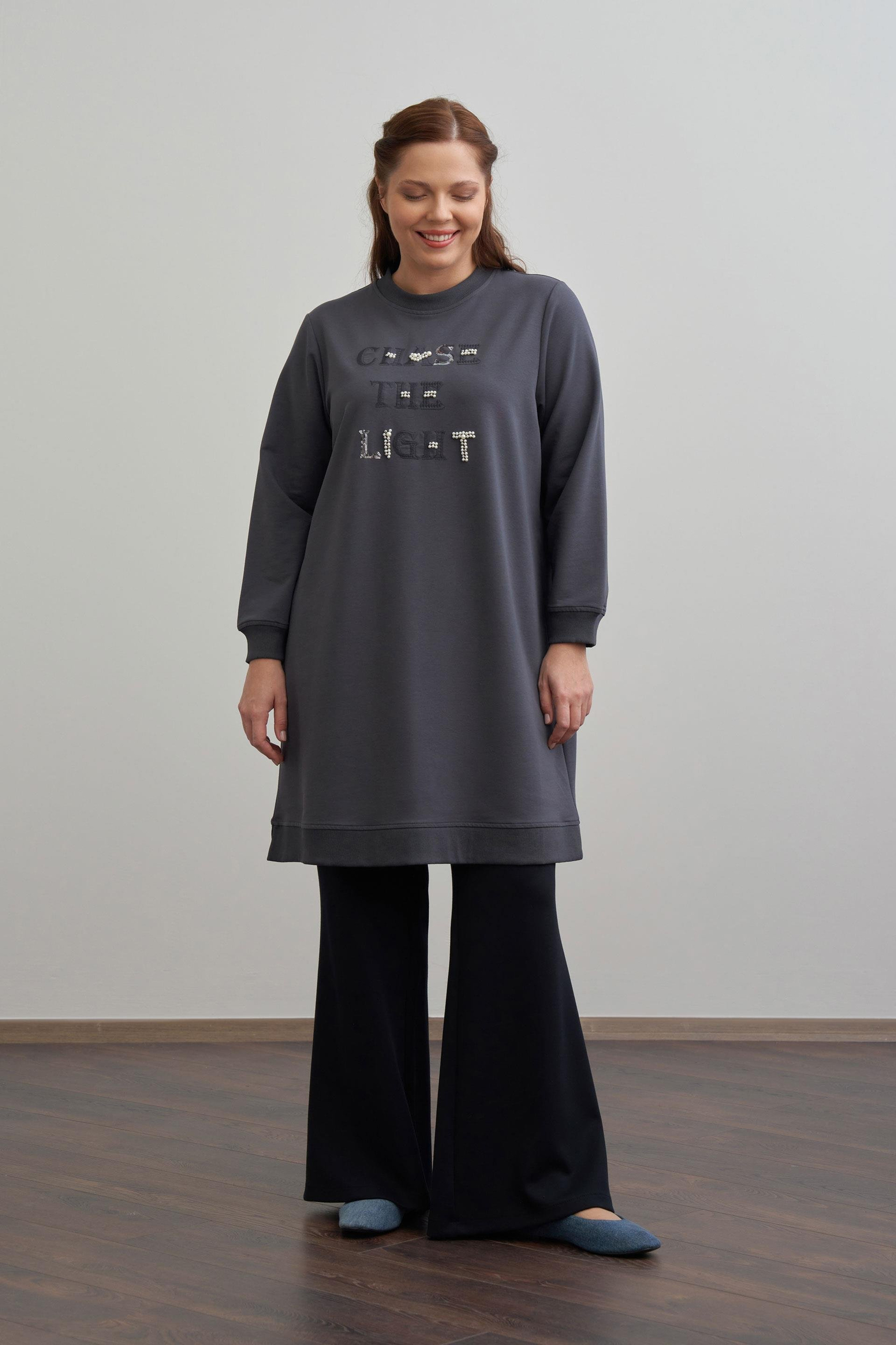 Antrasit-Nakışlı Pamuklu Tunik