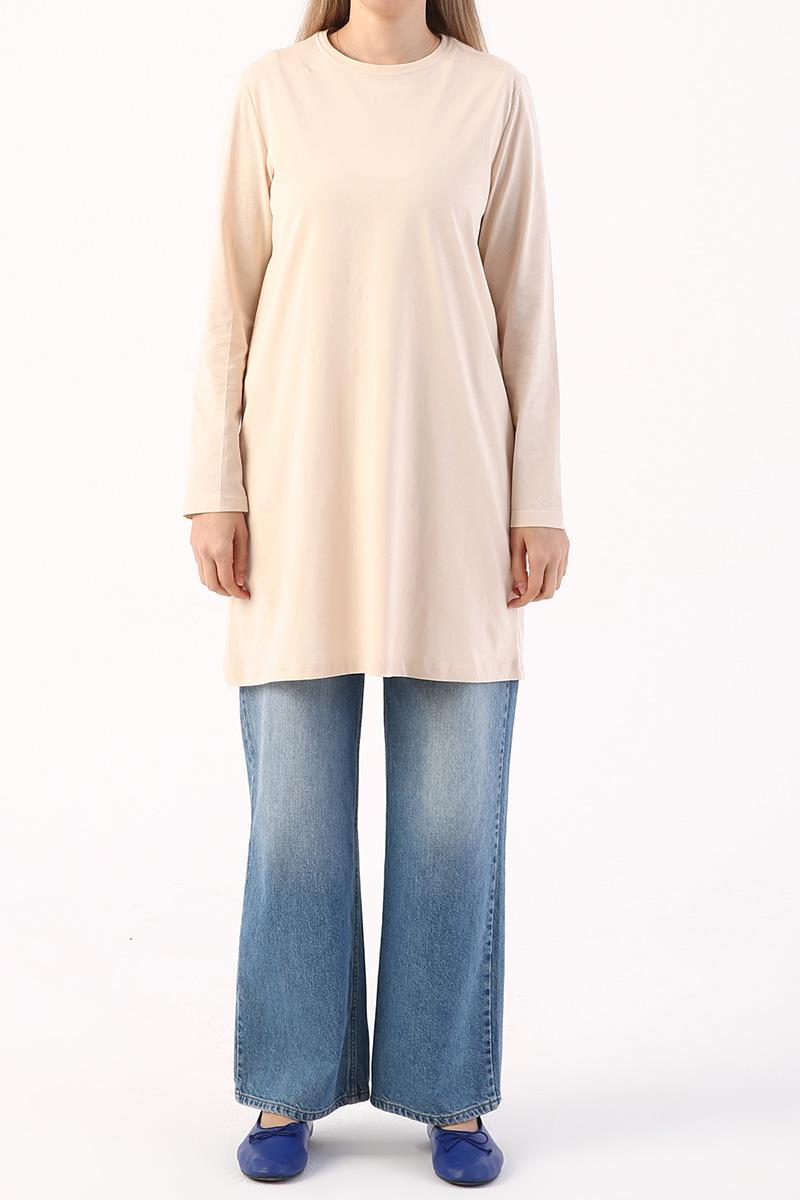 Bej-%100 Pamuk Süprem Tunik
