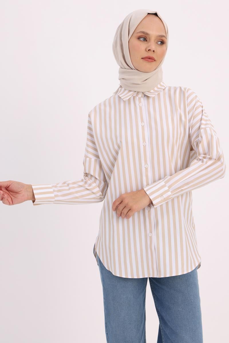 Beige-White-Oversize Basic Shirt