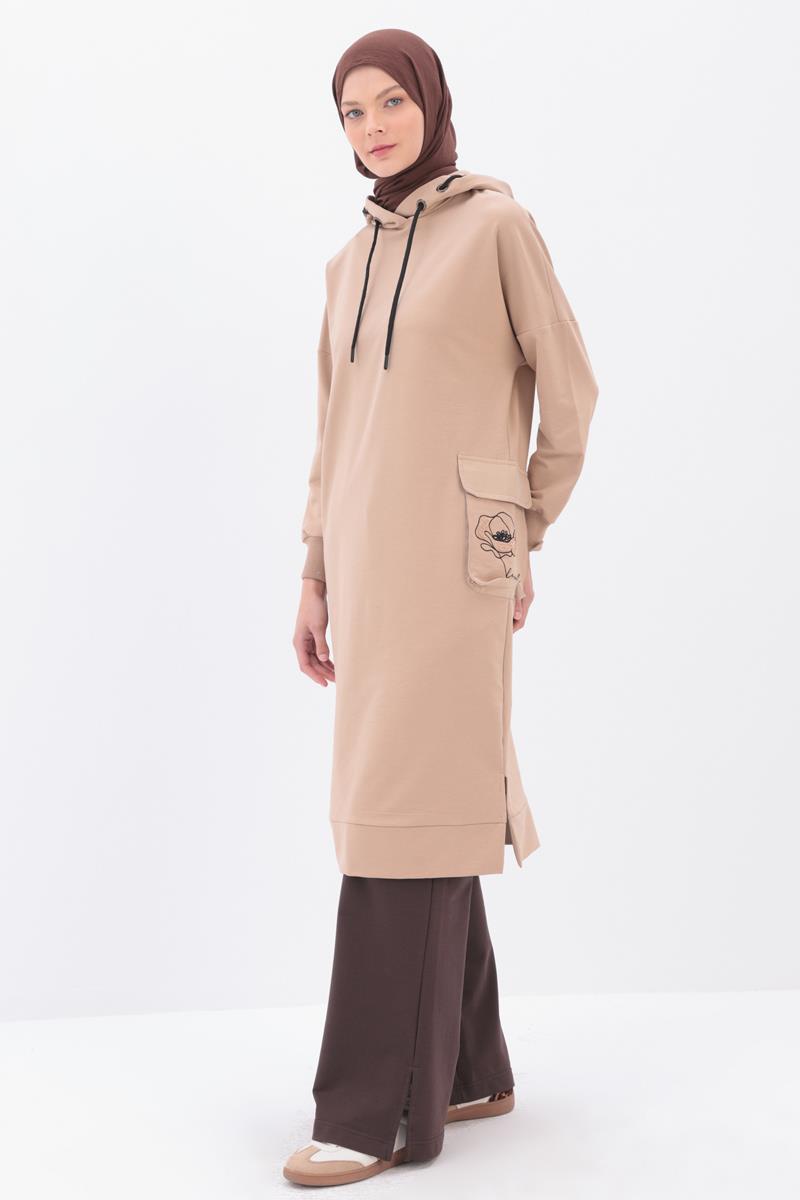 Bej-CEBİ NAKIŞLI KAPŞONLU SWEAT TUNİK