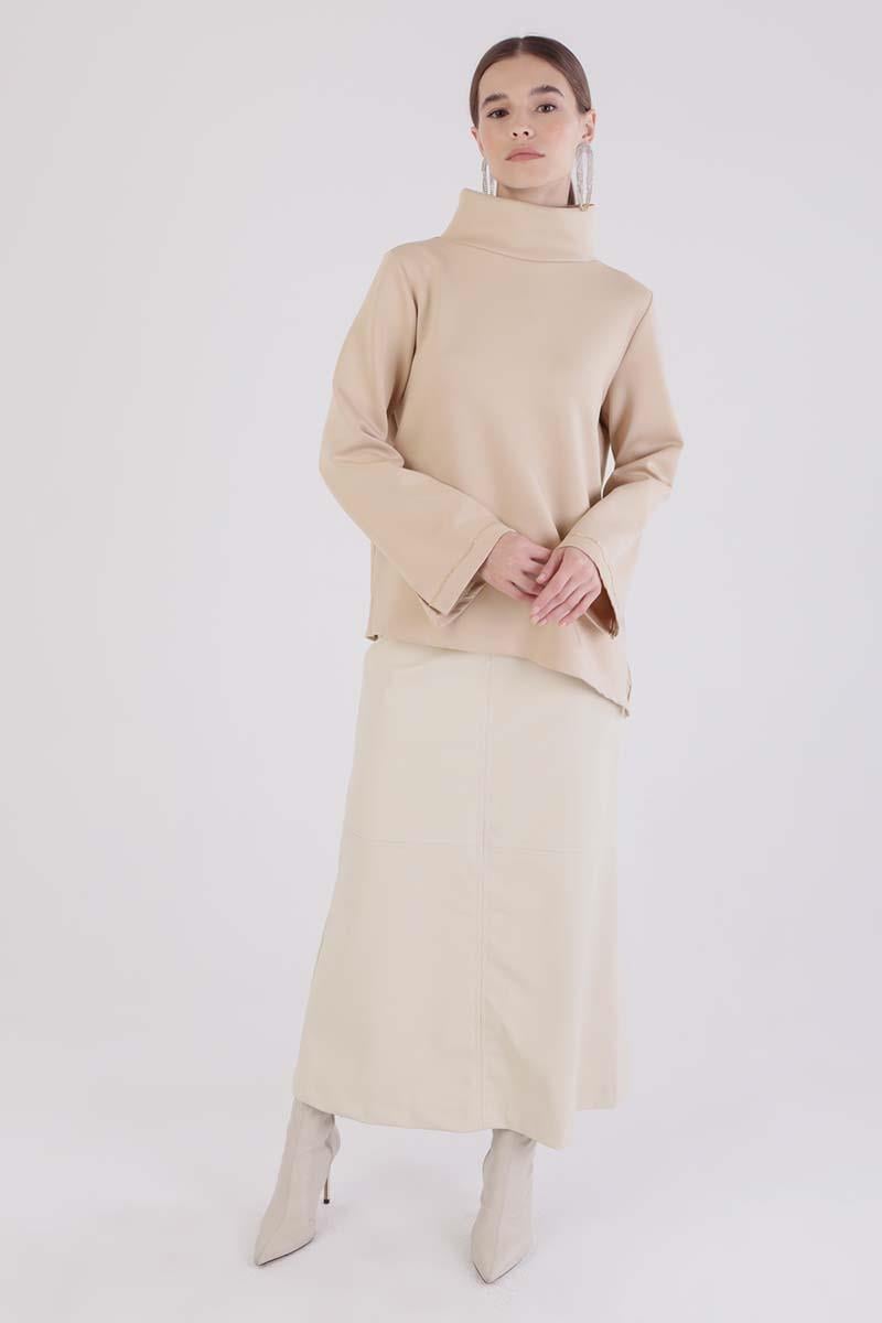 Beige-High Collar Slit Scuba Blouse