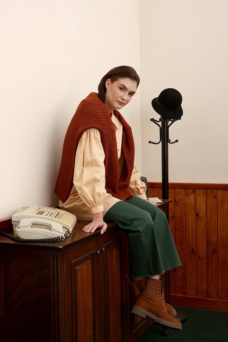 Beige-Shirt Collar Oversize Tunic with Gather Detail