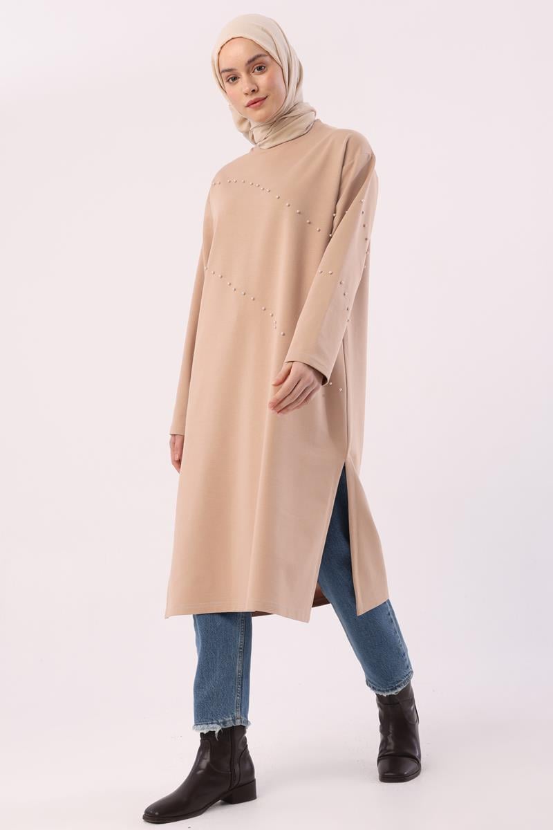 Bej-İncili Uzun Sweat Tunik