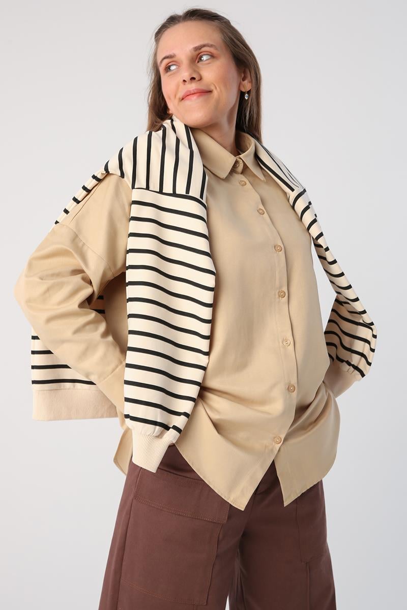 Bej-Oversize Basic Gömlek