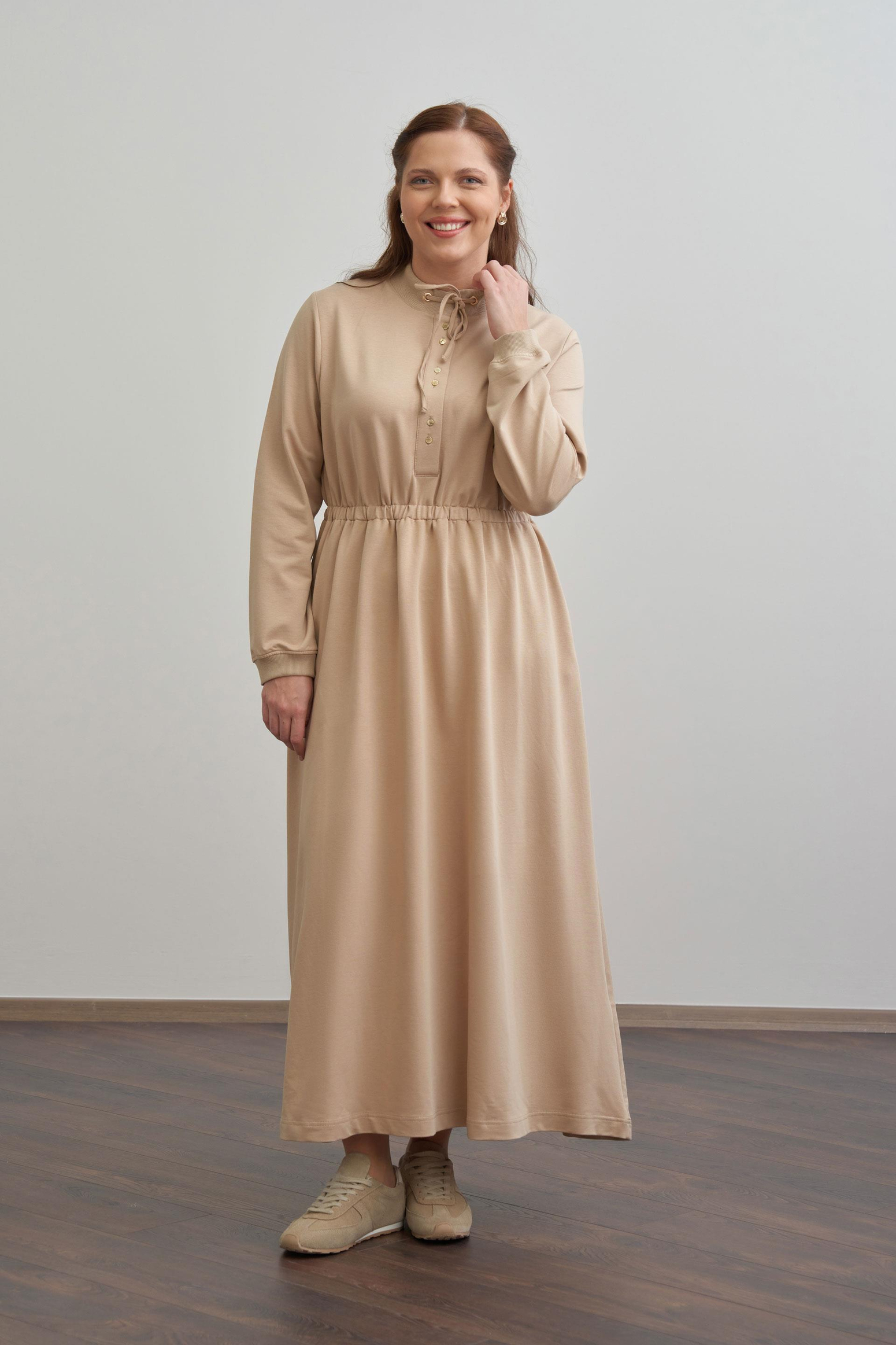 Bej-Pamuklu Yarım Patlı Elbise