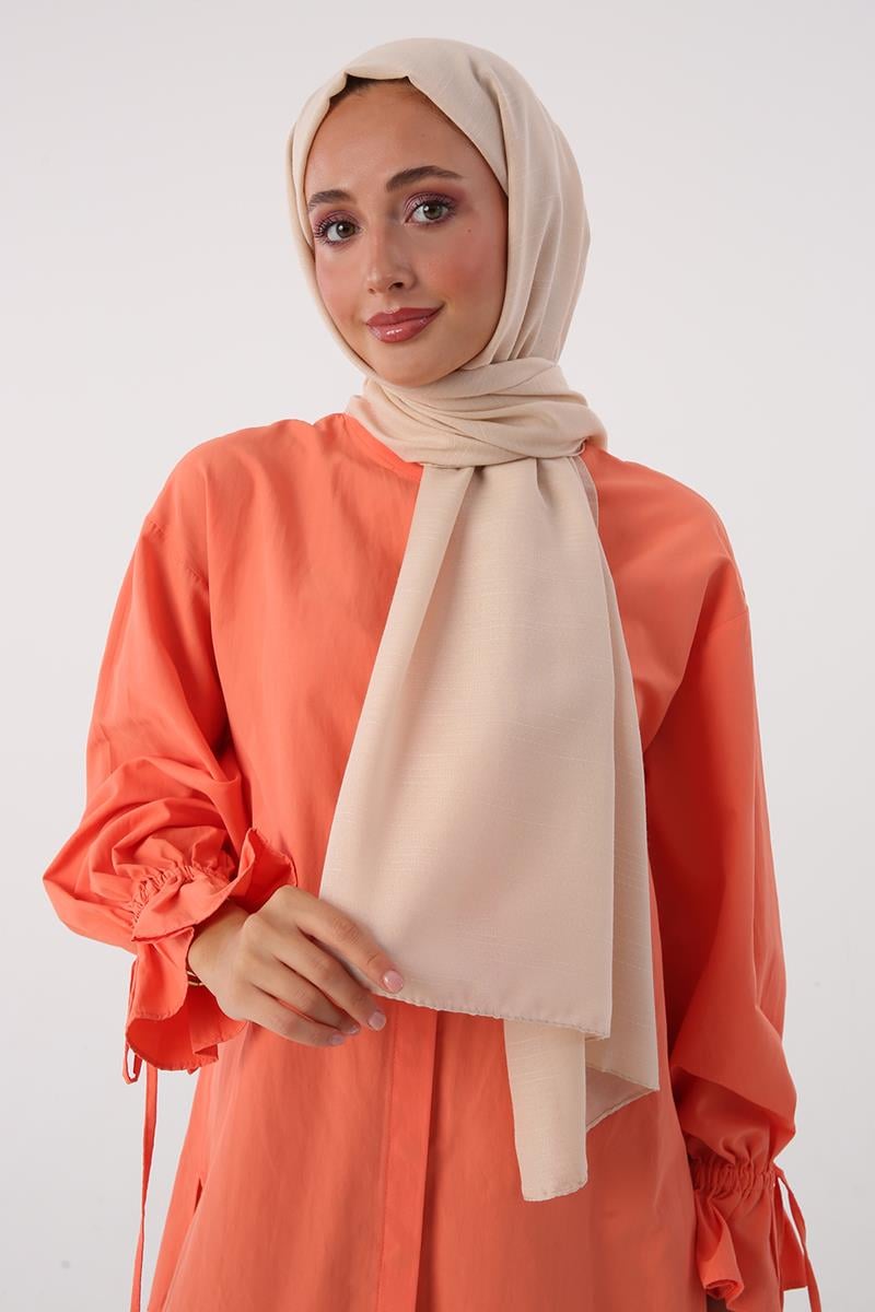 Bej-Şerit Detaylı Pamuklu Şal