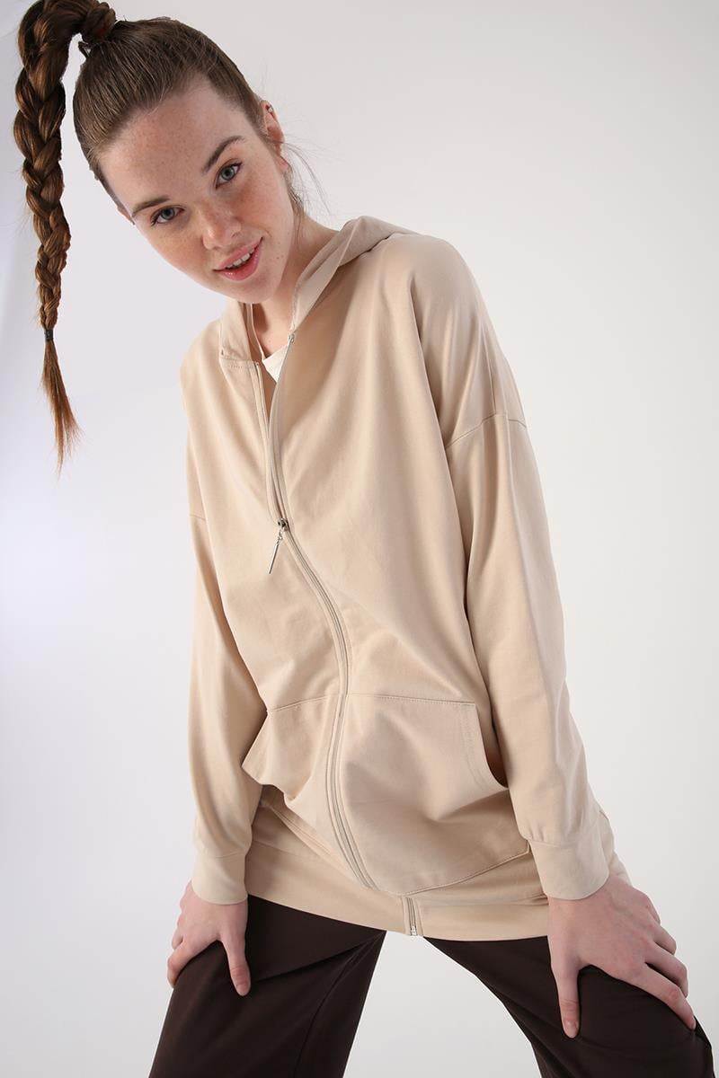 Bej01-Fermuarlı Sweat Hırka